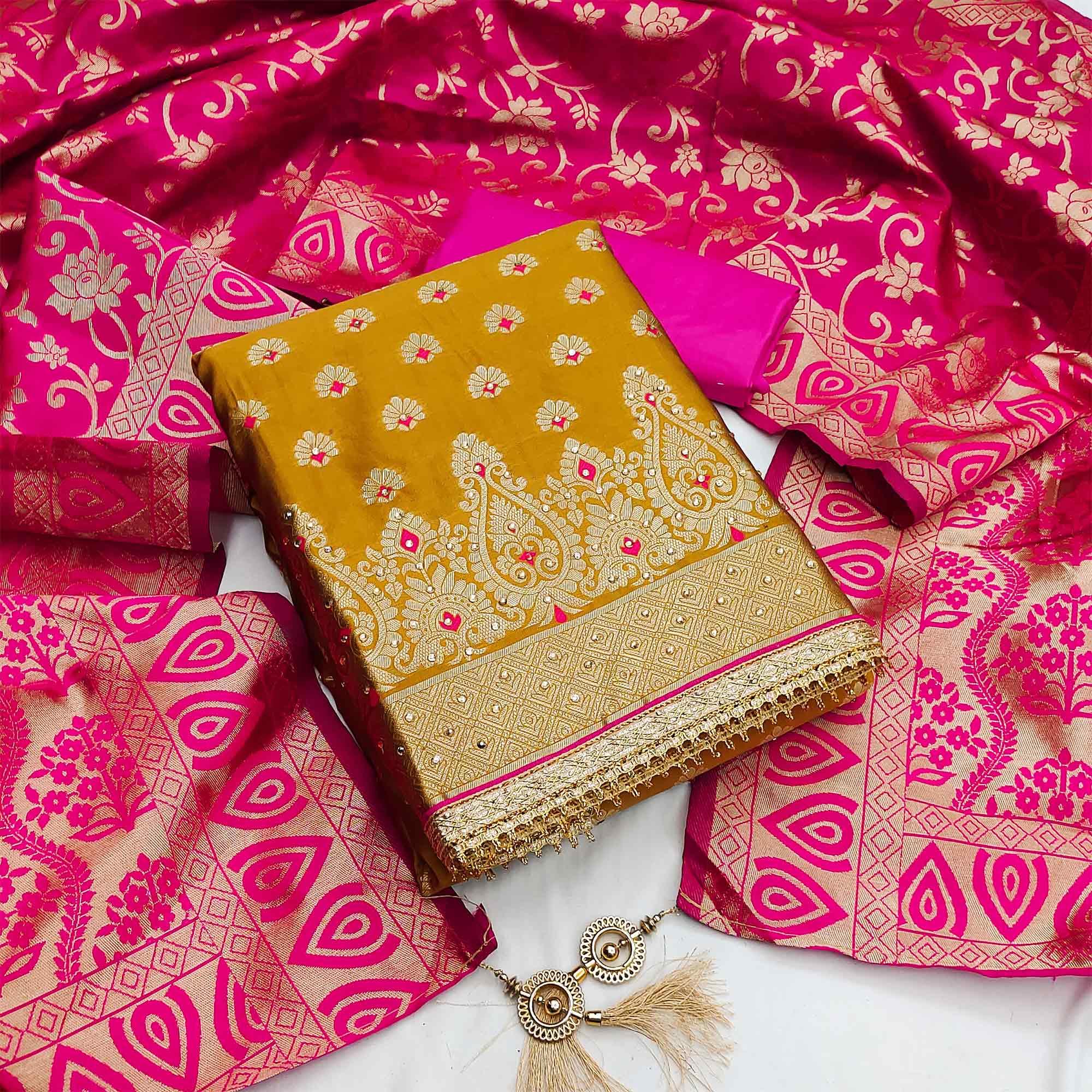Peachmode Mehendi Green Festive Wear Woven Jacquard Dress Material