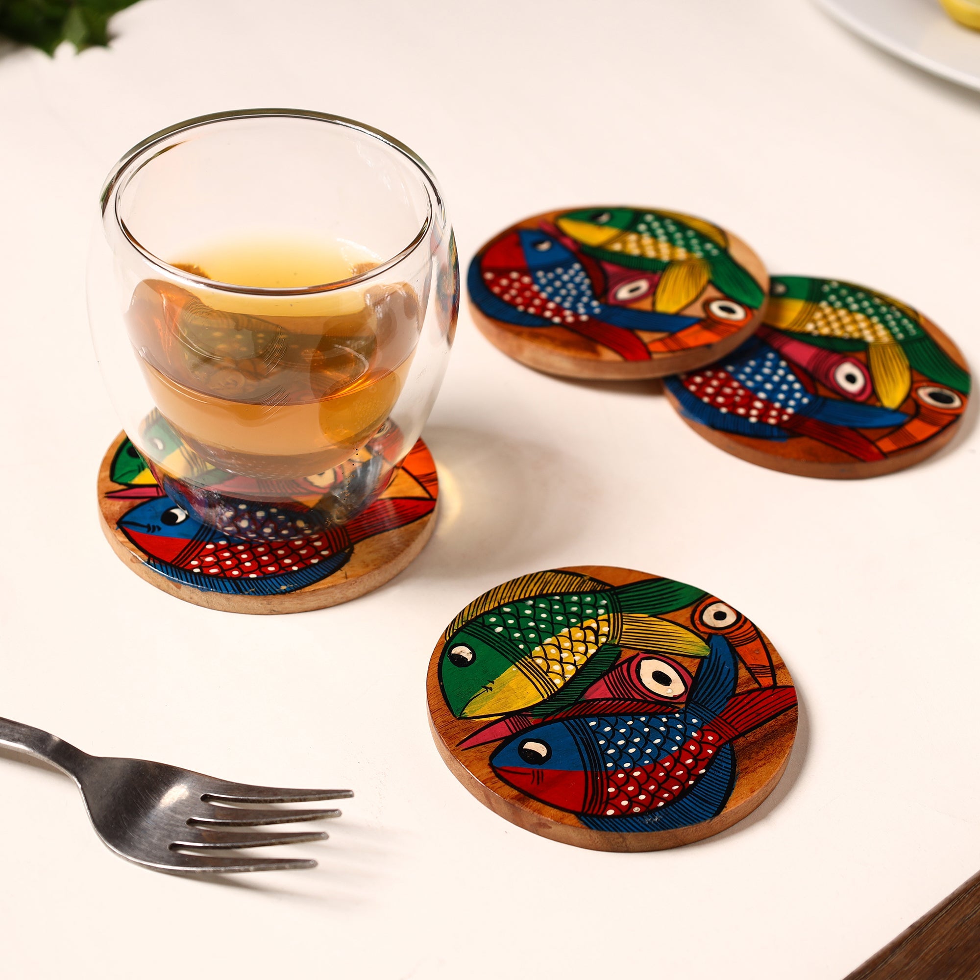 ITOKRI CRAFTS INITIATIVE Bengal Patua Handpainted Akashmoni Wooden Coasters (Set of 4) 47 - view 3