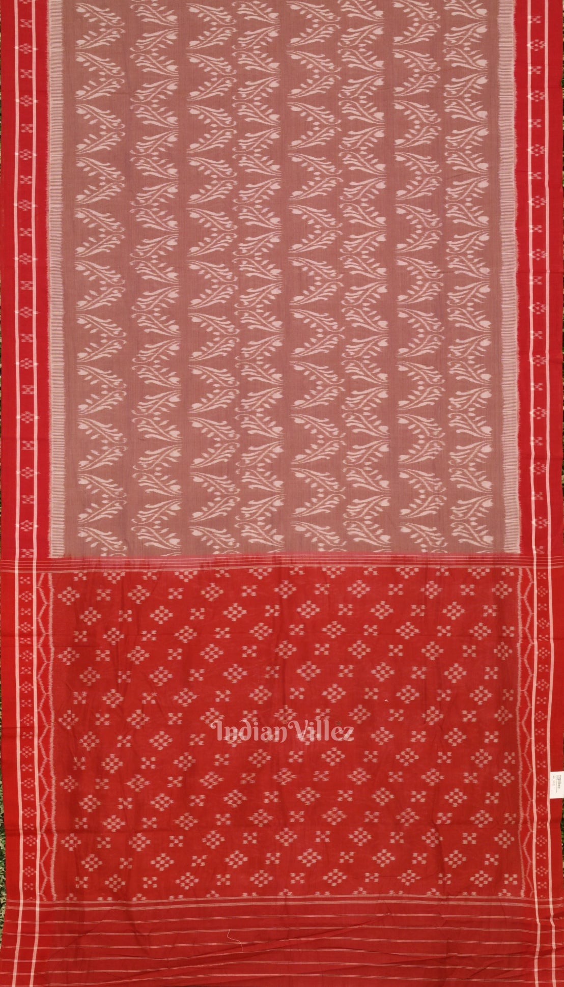 IndianVillèz Chocolate With Red Floral Theme Odisha Ikat Sambalpuri Pure Cotton Saree