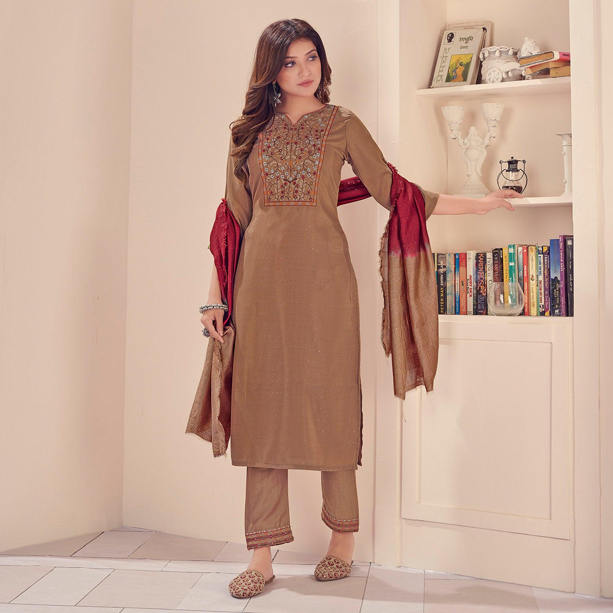 Peachmode Seller Brown Embroidered With Embellished Chiffon Kurti Pant Set With Dupatta - view 2