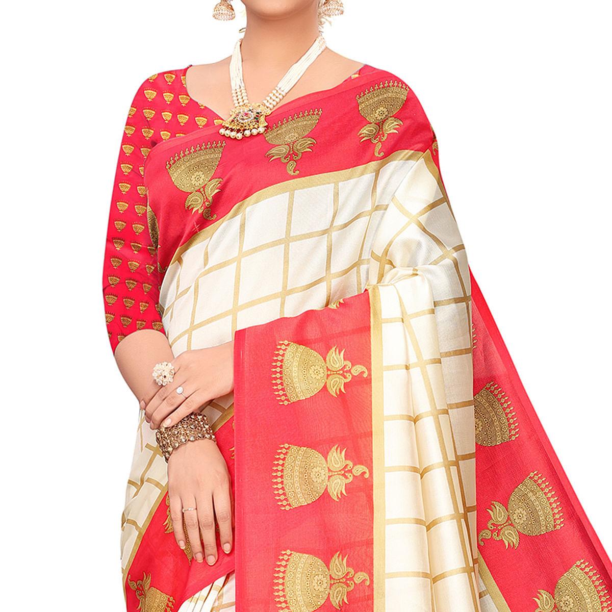 Peachmode Charming Off White-Red Colored Festive Wear Printed Mysore Silk Saree - view 7