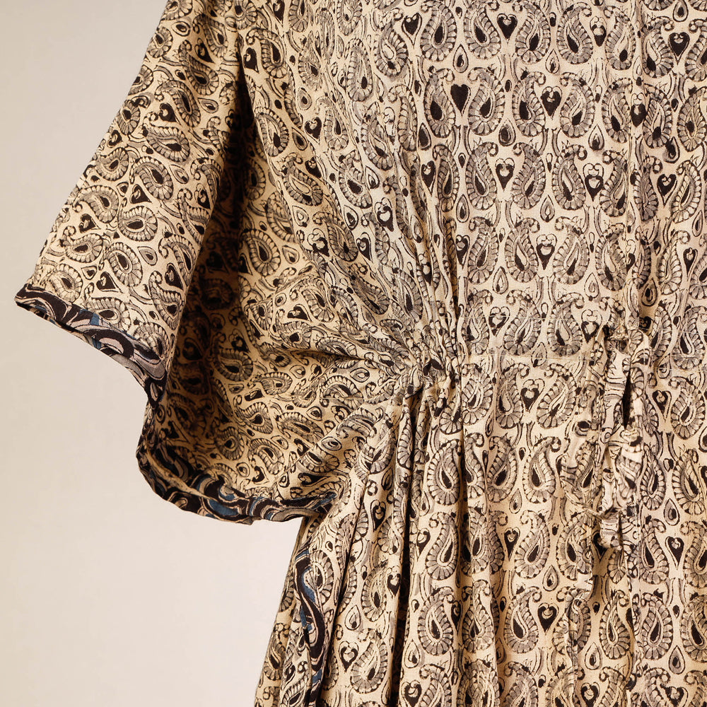 CHUTNEY CRAFT STUDIO Beige - Block Print Cotton Kalamkari Kaftan with Tie-Up Waist (Medium) - view 2