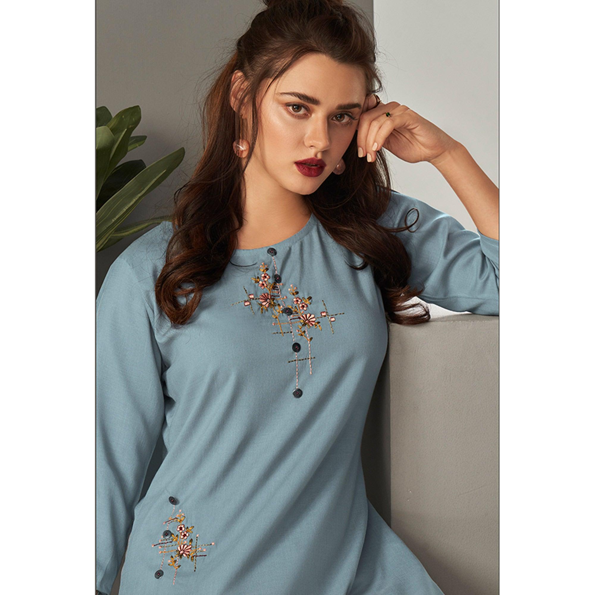 Peachmode Seller Light Blue Casual Wear Embroidered Pure Viscose Kurti - view 2
