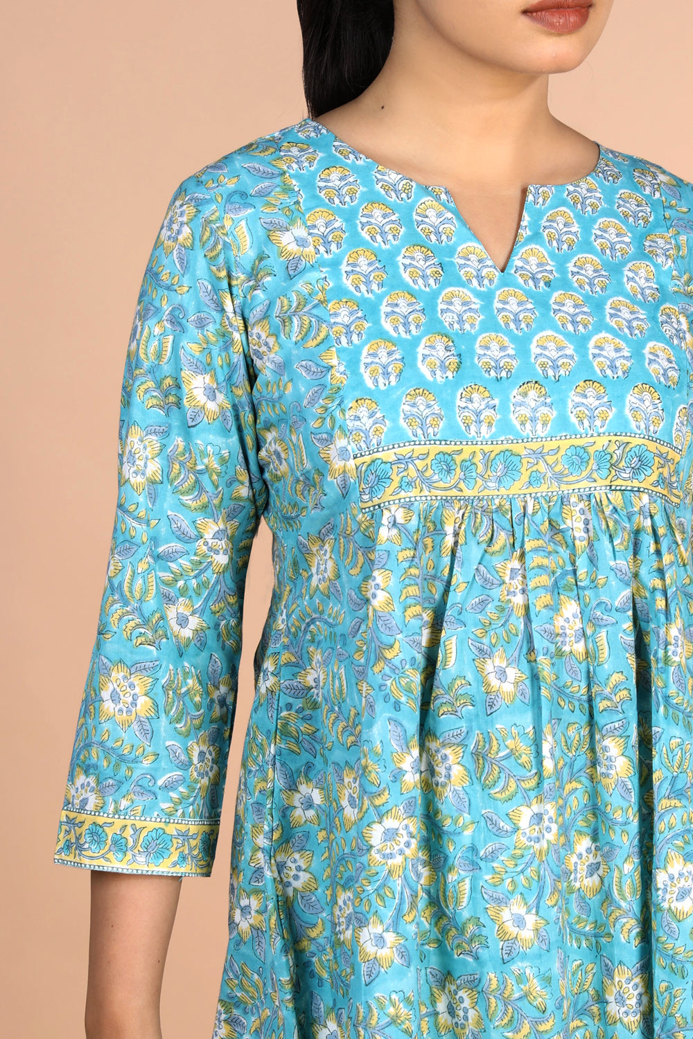Kalanjali Ethnics Floral sky blue Sanganeri handblock printed cotton Kurti - view 8