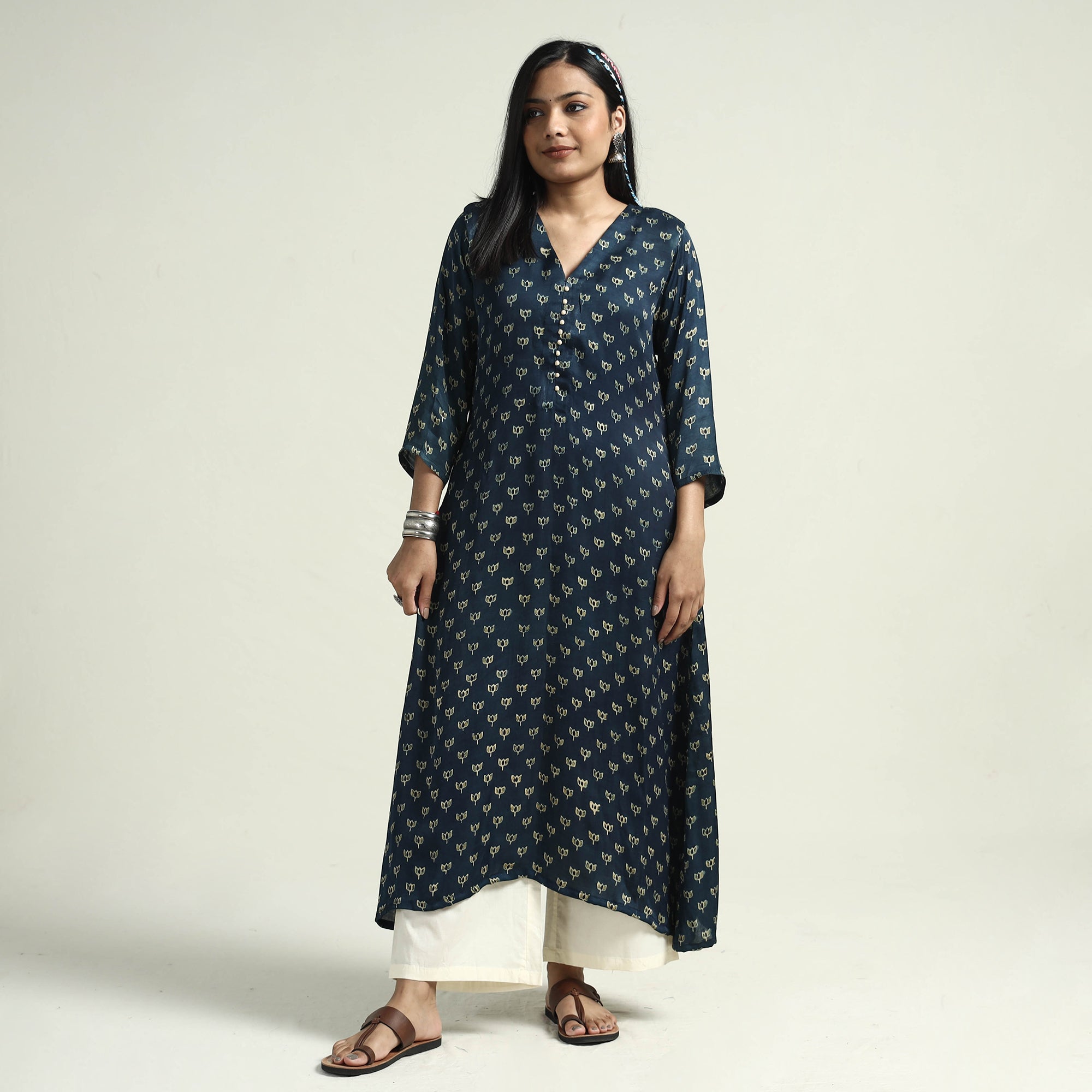 ITOKRI CASUALS Blue - Ajrakh Block Printed Modal Silk Kurta with Palazzo Set