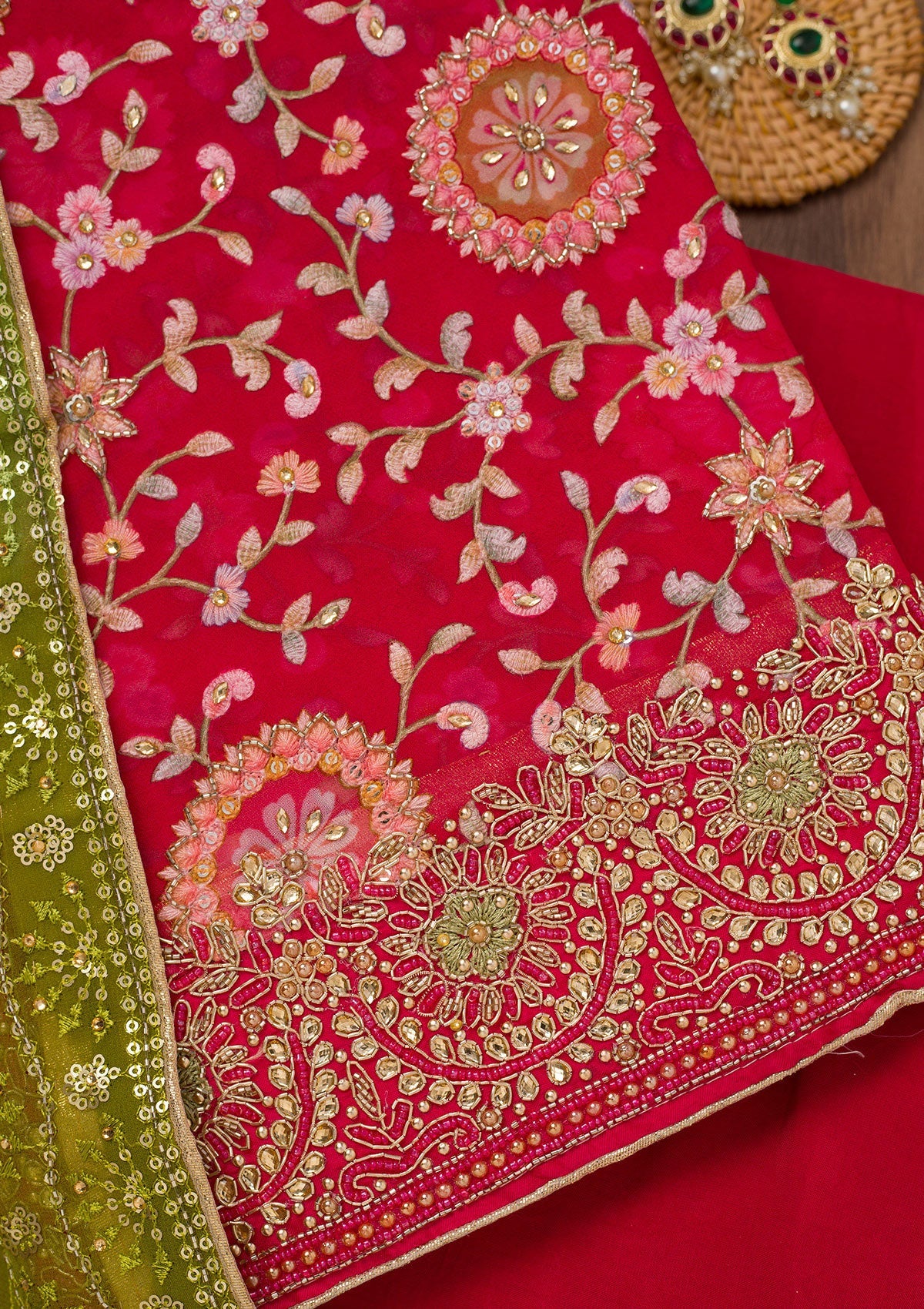 Koskii Red Threadwork Semi Crepe Unstitched Salwar Suit - view 2