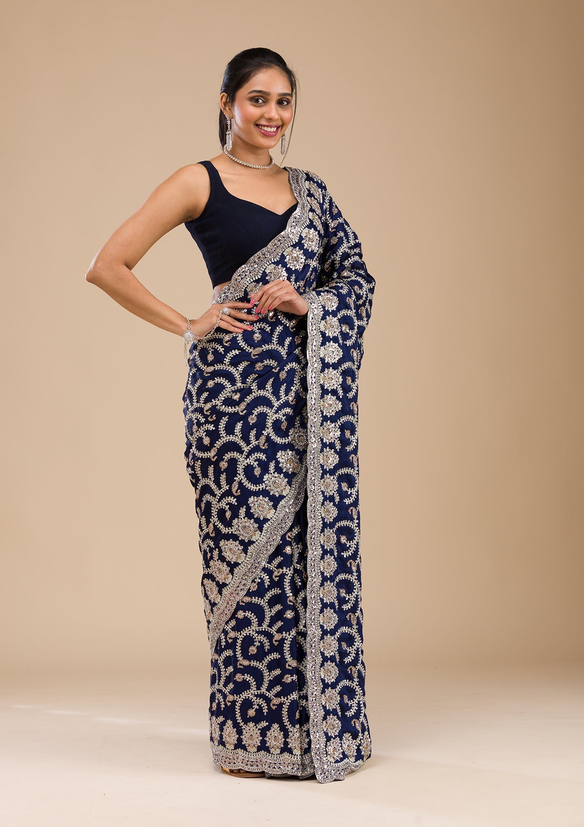 Koskii Navy Blue Zariwork Georgette Saree – Women's - view 5
