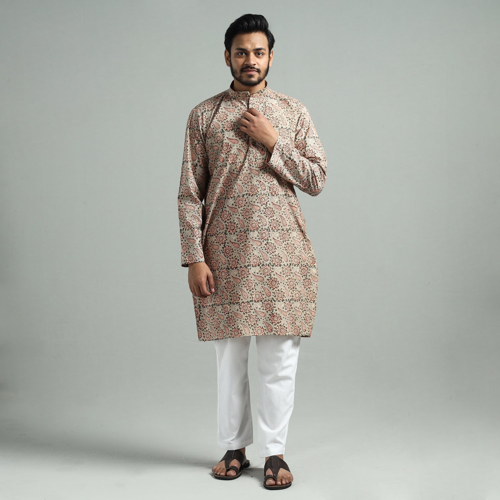 ITOKRI CASUALS Beige - Kalamkari Block Printed Cotton Men Long Kurta - view 3