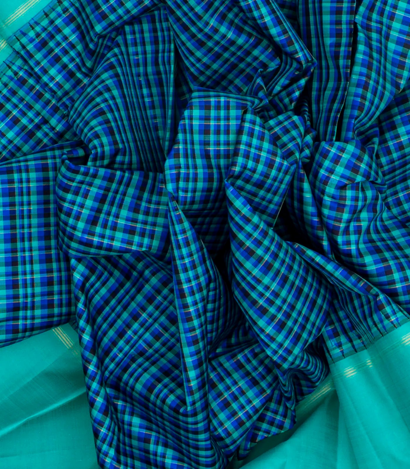 RmKV Blue Handloom Korvai Kanchipuram Silk Saree With Checks - view 3