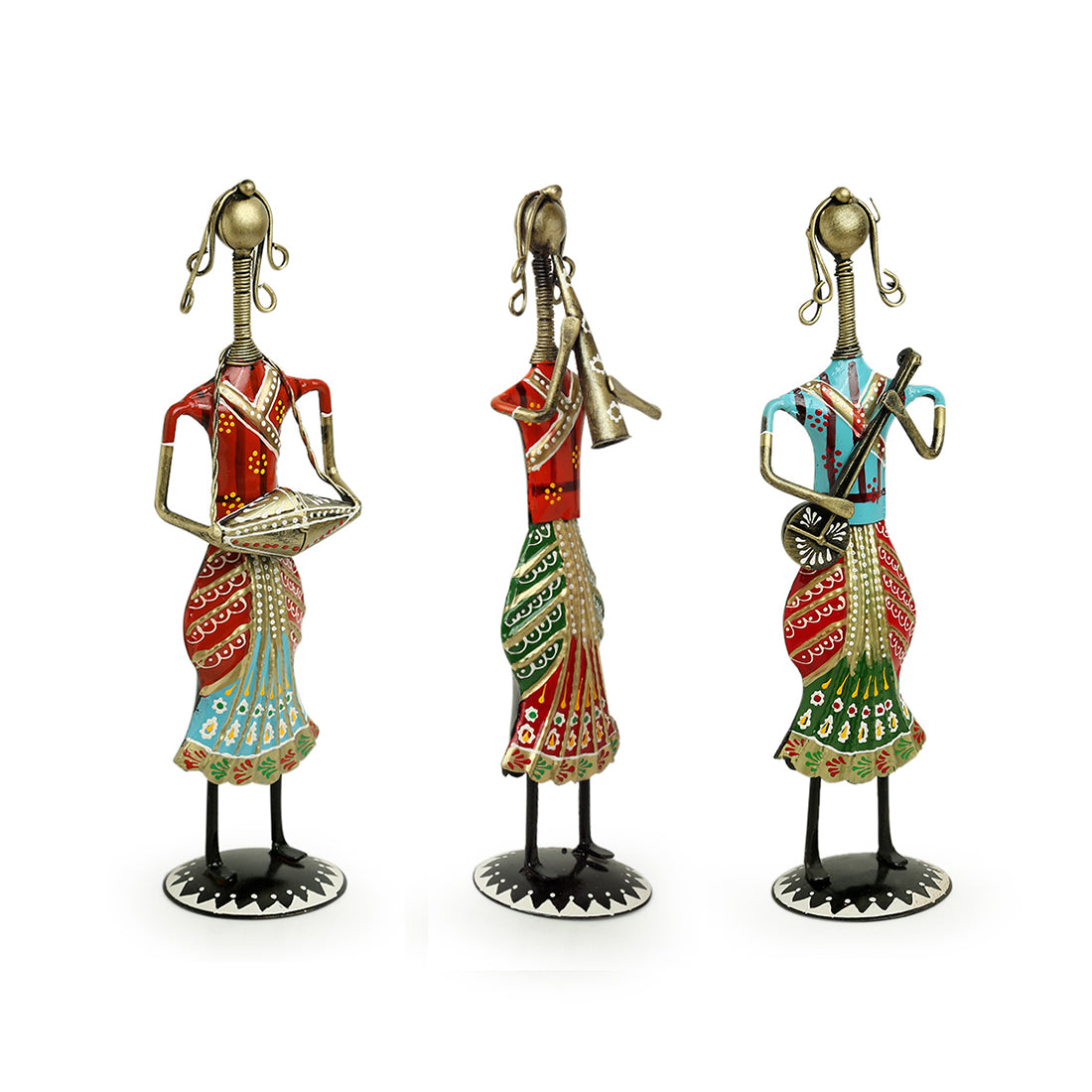 EXCLUSIVELANE 'Rajasthani Tribal Lady Musicians' Handpainted Decorative Showpieces (12 Inch, Set of 3, Iron) - view 3