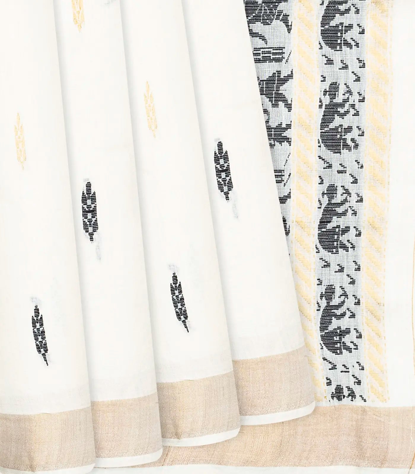 RmKV White Handwoven Tussar Silk Saree With Black Floral Motifs-White