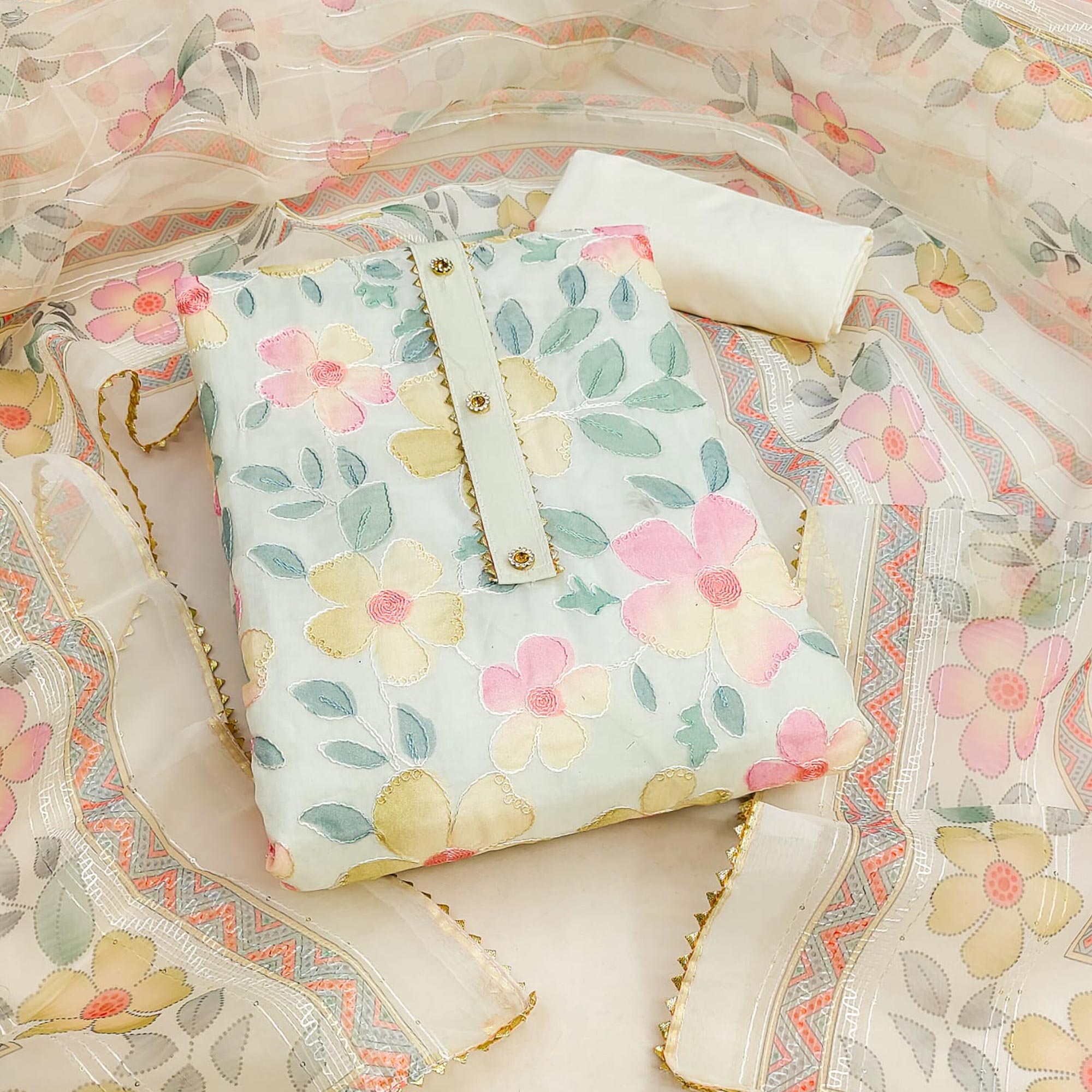 Peachmode Cream Floral Printed Organza Dress Material