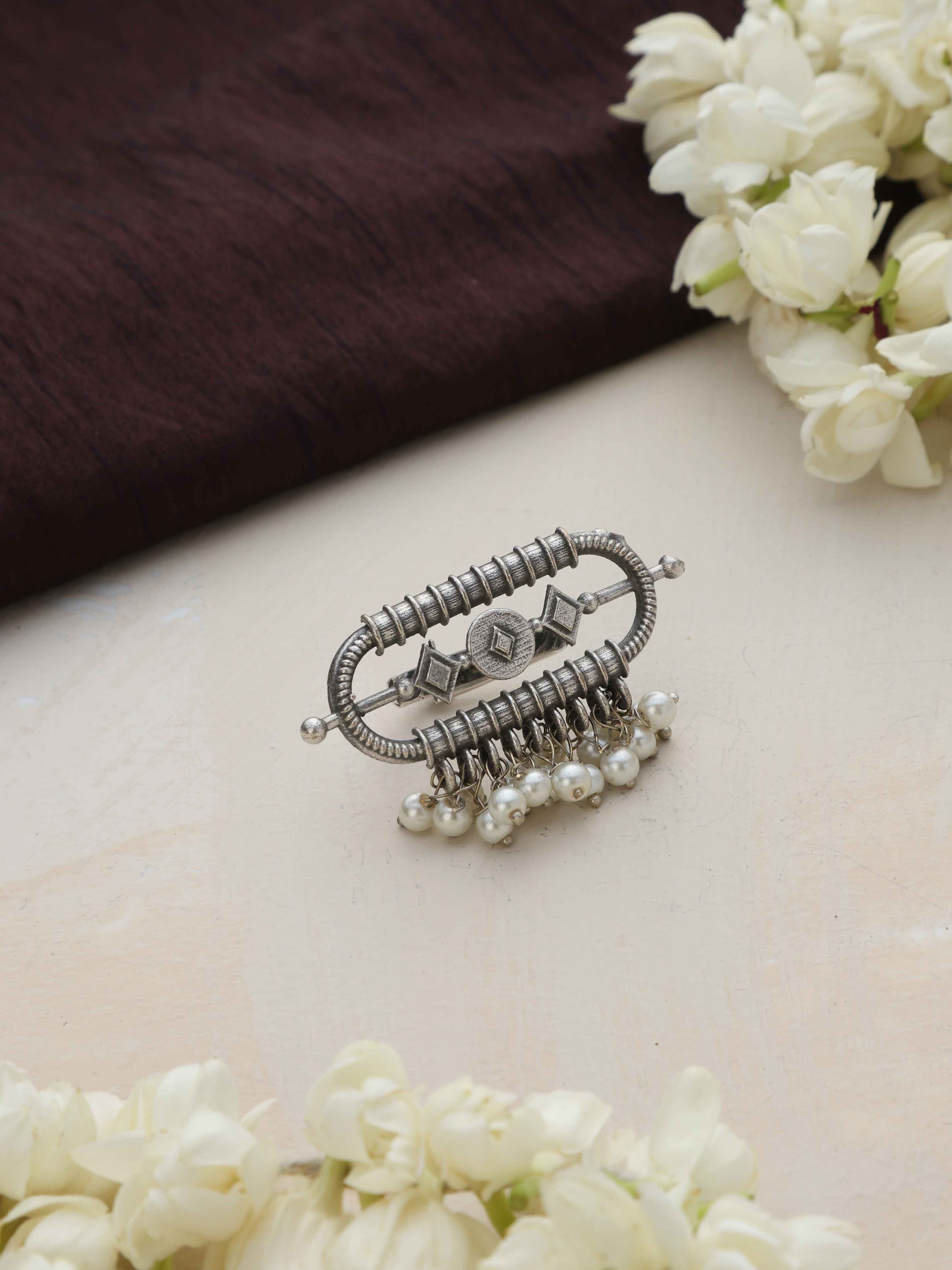trueBrowns Silver Tone Pearl Drop Ring - view 4
