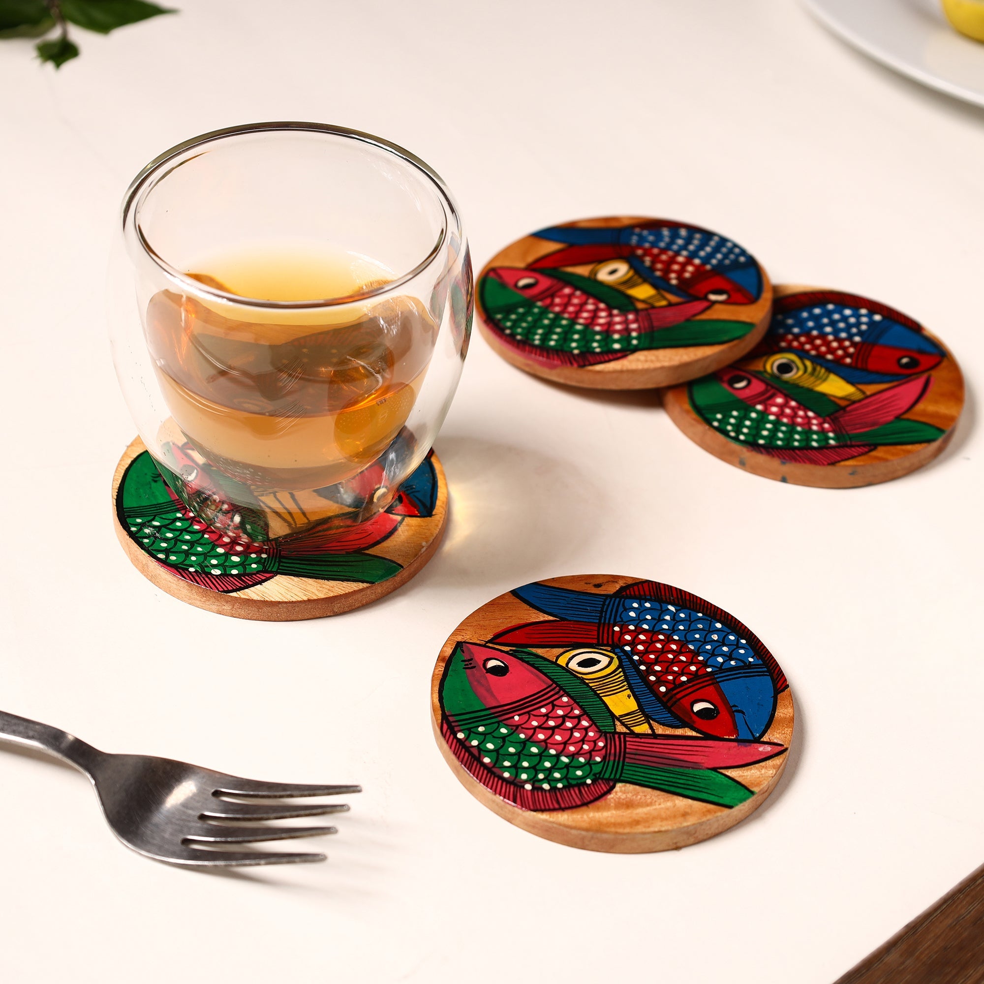 ITOKRI CRAFTS INITIATIVE Bengal Patua Handpainted Akashmoni Wooden Coasters (Set of 4) 25 - view 3