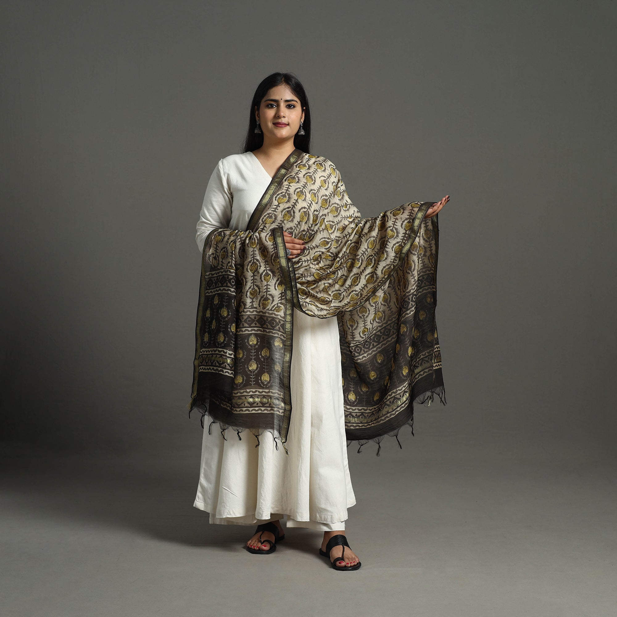 ARTISAN HAND BLOCK PRINTS Beige - Block Print Chanderi Silk Ajrakh Dabu Bagru Dupatta 08 - view 2