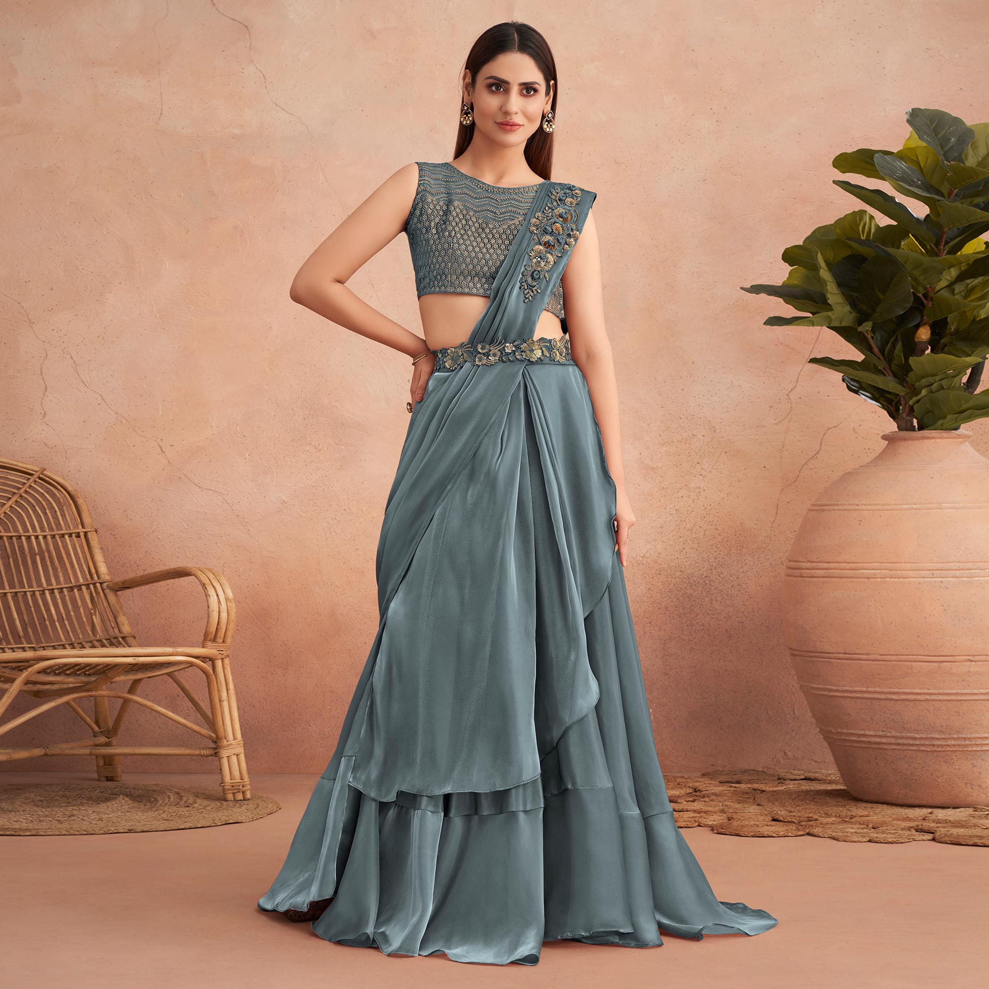Peachmode Seller Grey Sequins Embroidered Ready to Wear Art Silk Saree - view 2