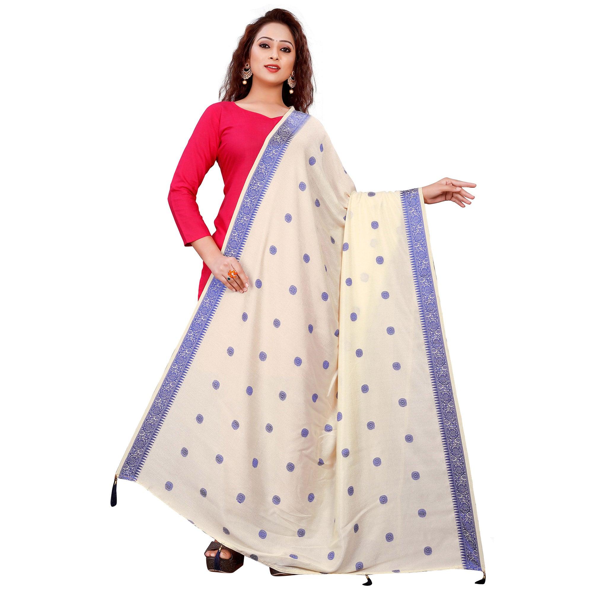 Peachmode Seller Glorious Cream Colored Festive Wear Woven Art Silk-Viscose Dupatta With Tassels