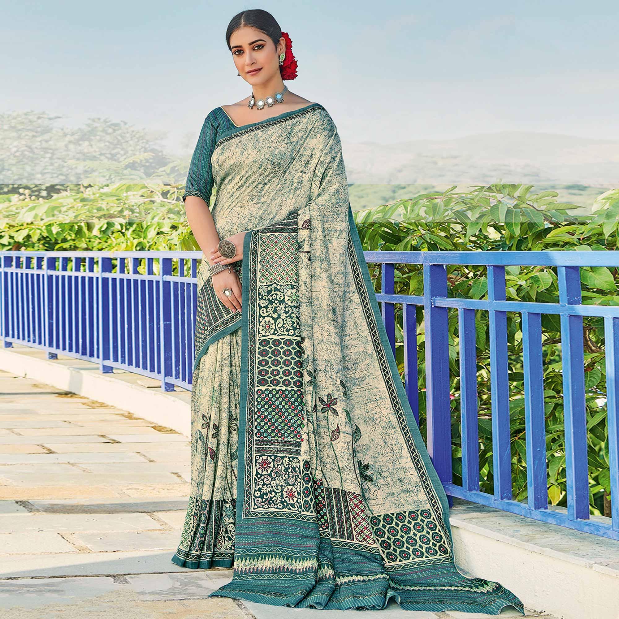 Peachmode Chikoo Printed Cotton Silk Saree – Women's