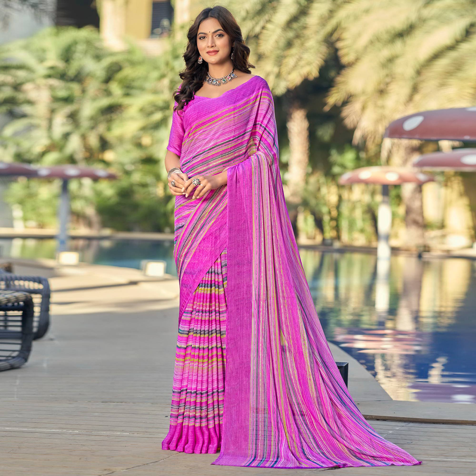Peachmode Magenta Purple Printed Chiffon Saree