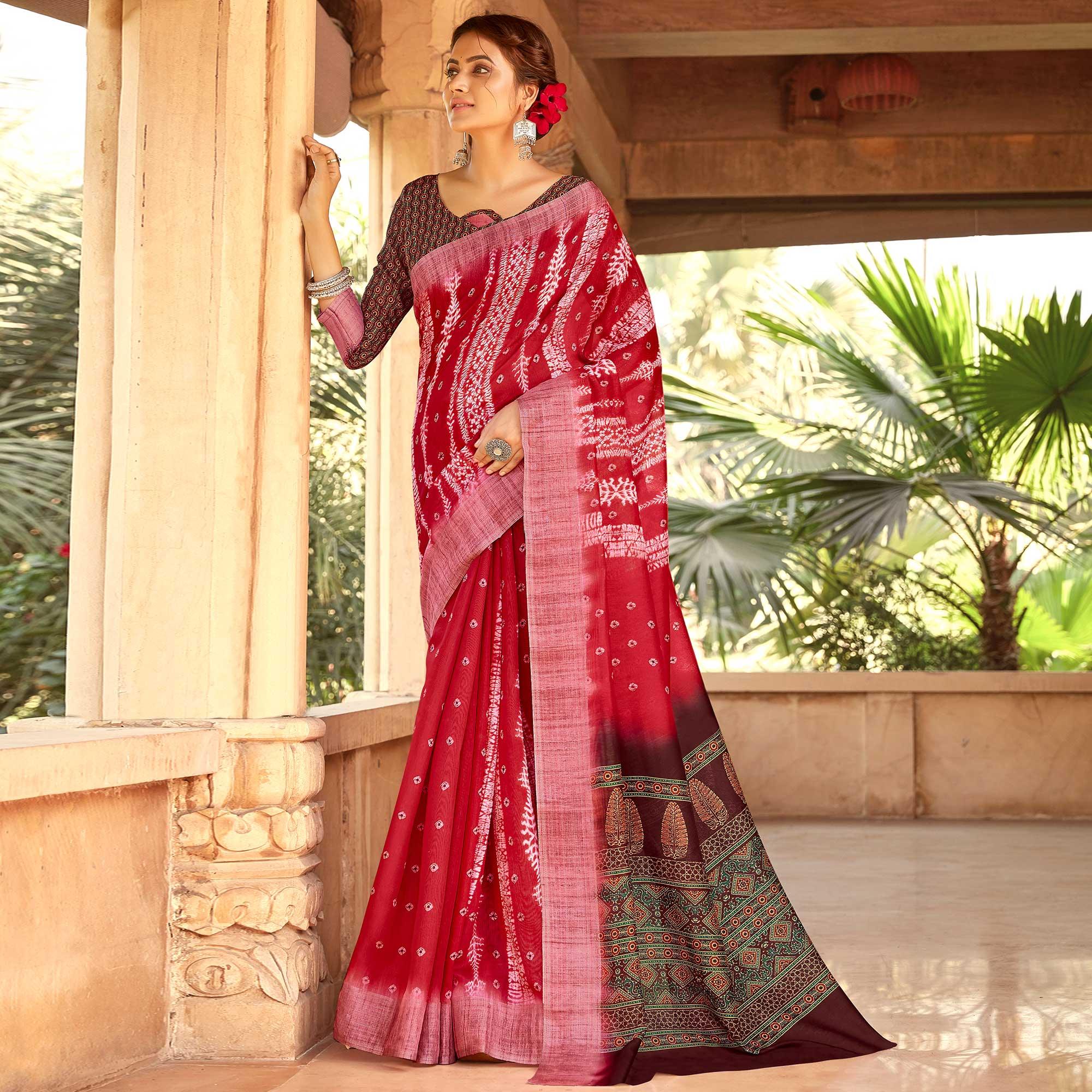 Peachmode Intricate Red Colored Digital Printed Festive Wear Linen Designer Saree