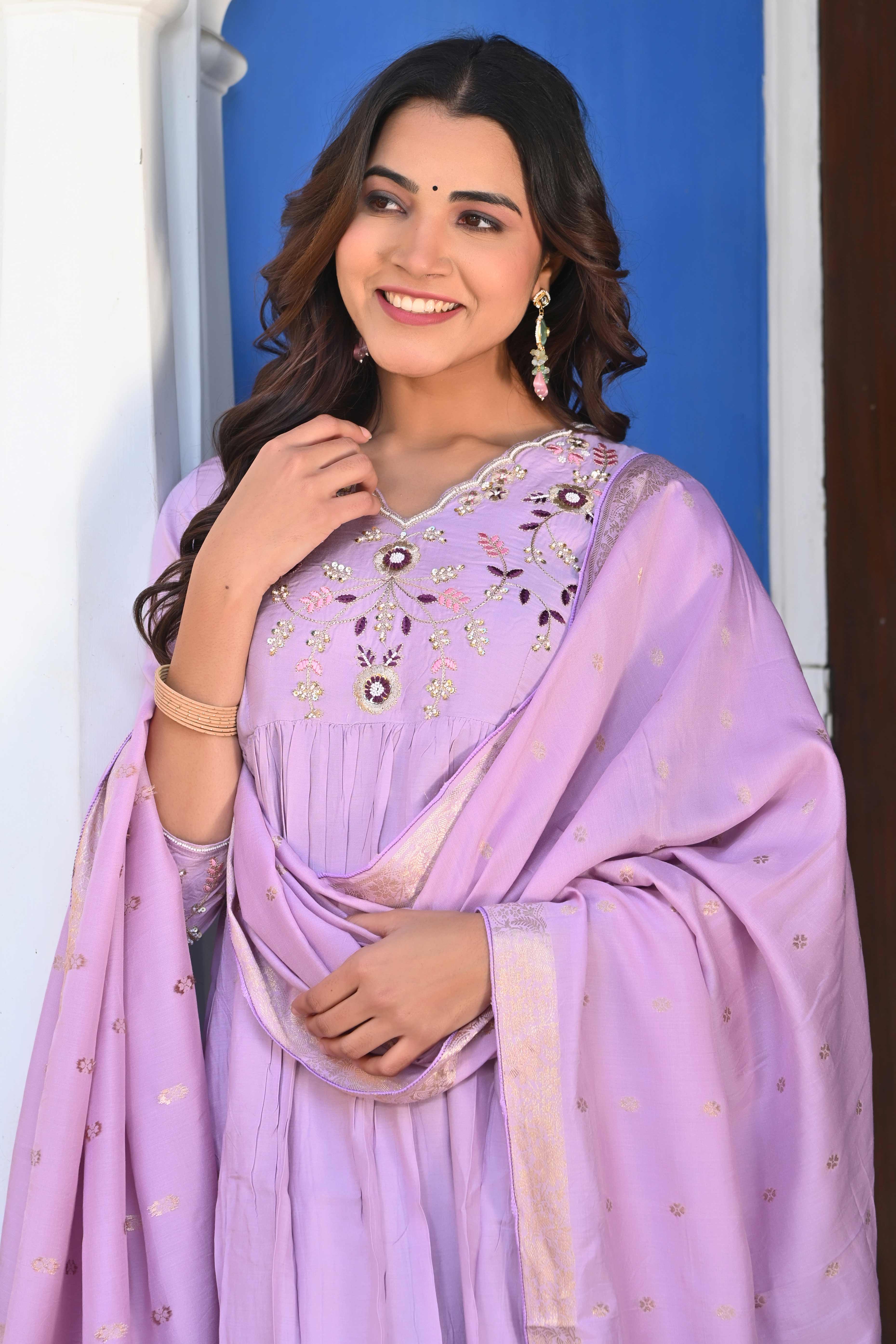Peachmode Lavender Floral Embroidered Muslin Anarkali Salwar Suit - view 7
