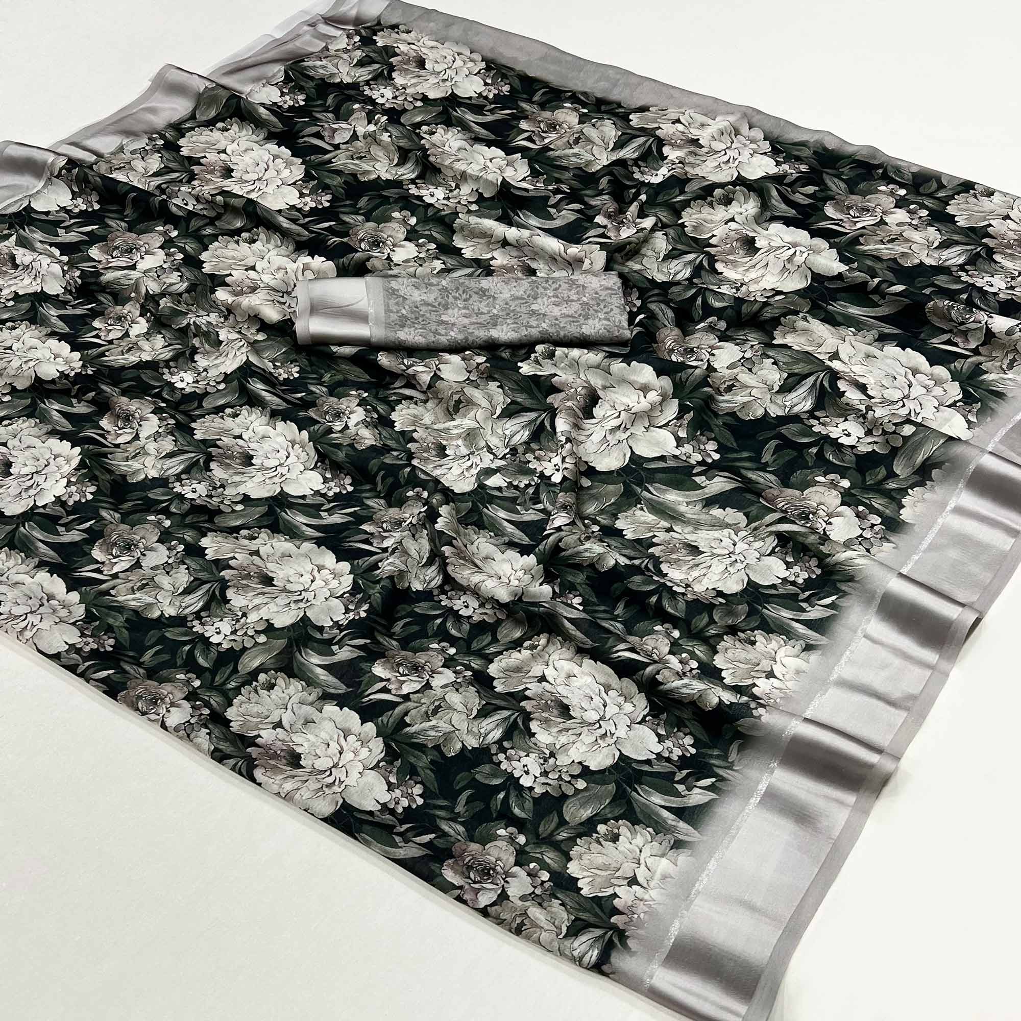 Peachmode Black Floral Digital Printed Georgette Saree With Zari Border