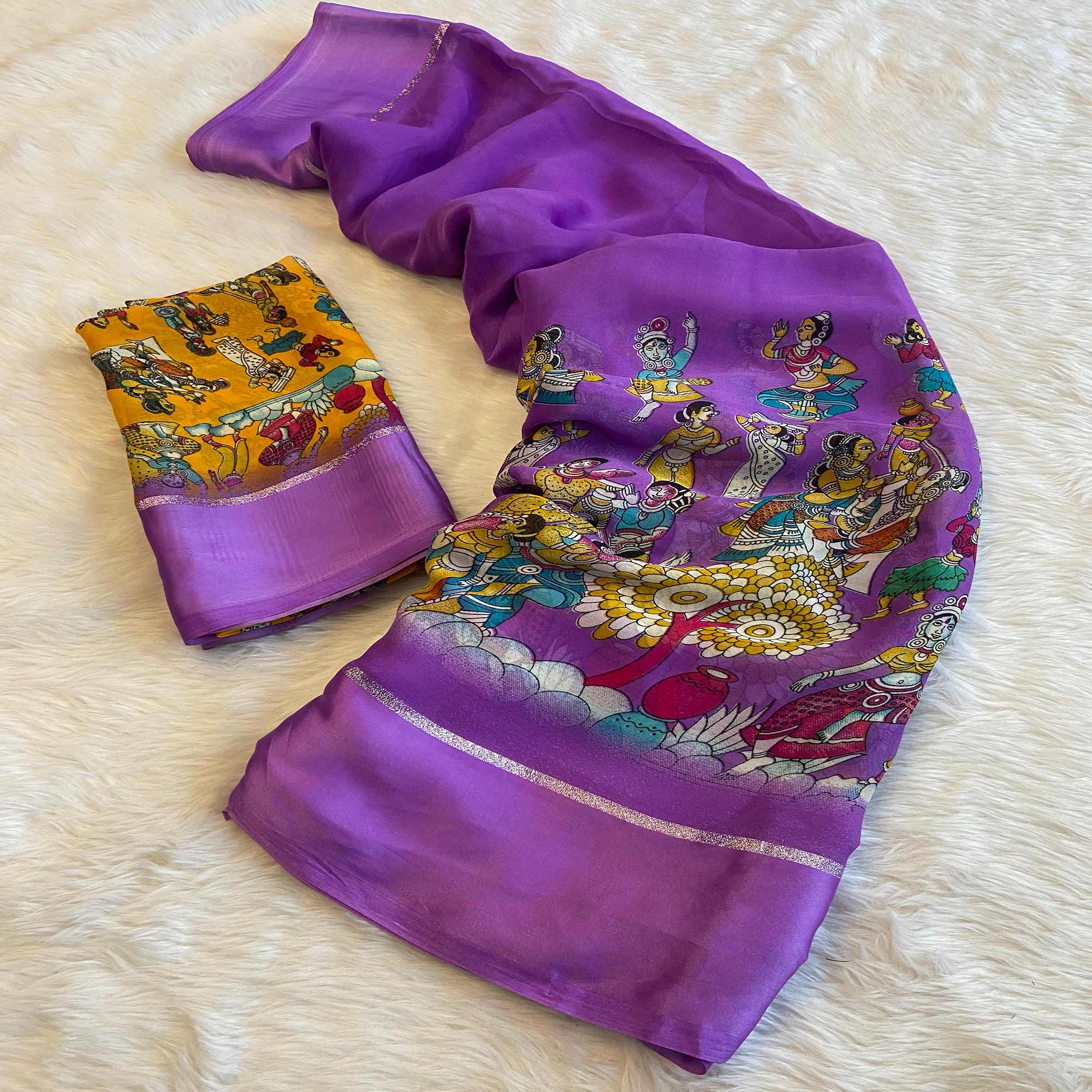 Peachmode Lavender Printed Georgette Saree With Satin Border