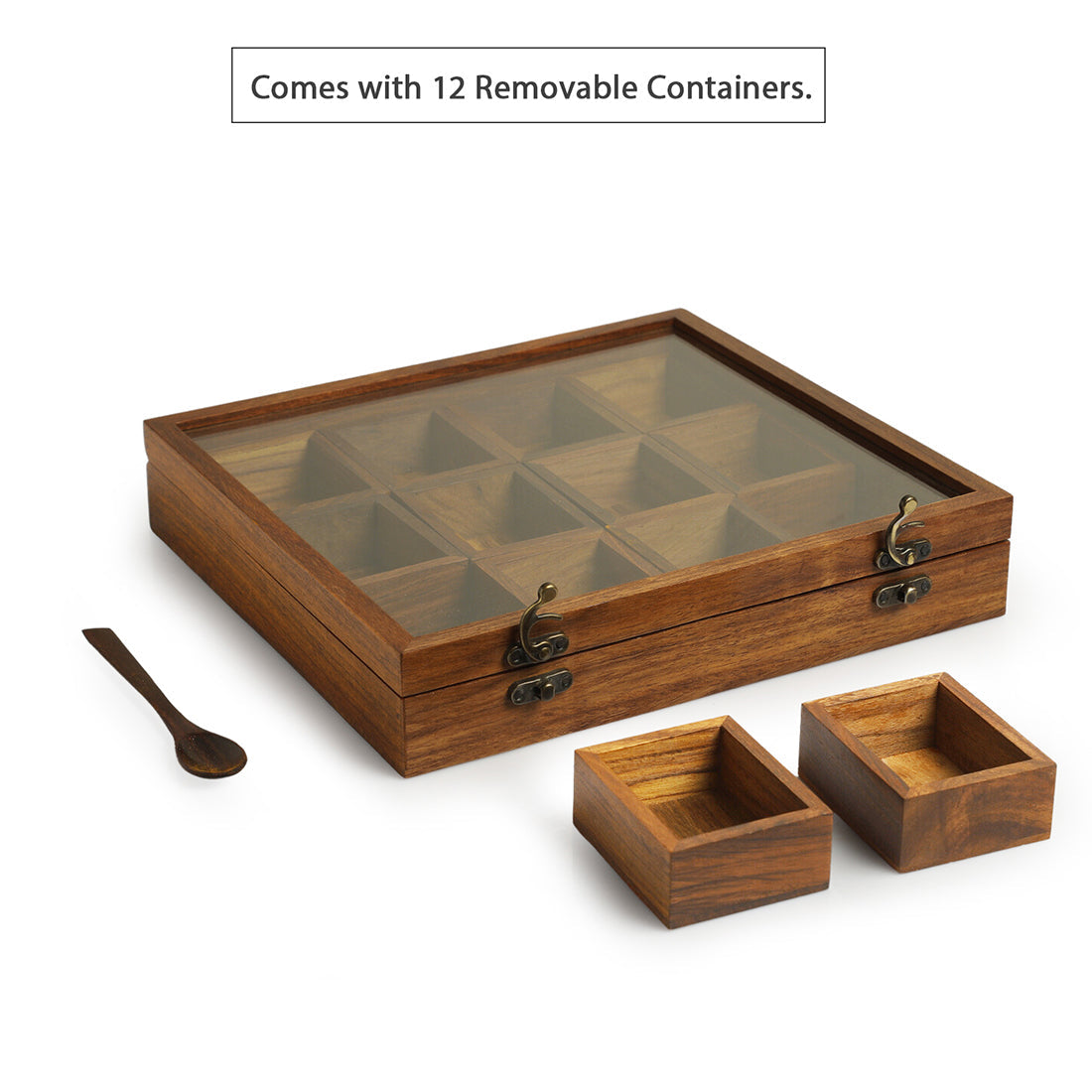 EXCLUSIVELANE 'Medley of Masalas' Handcrafted Spice Box With Spoon In Sheesham Wood (12 Containers, 80 ml) - view 4