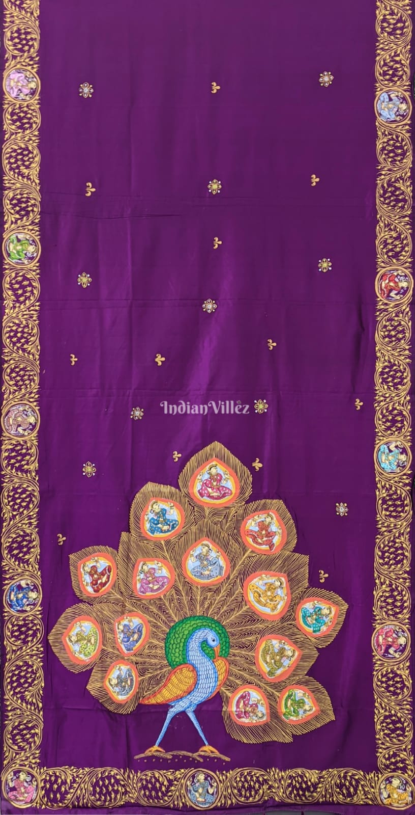IndianVillèz Purple PEACOCK (Mayur) & Nartaki Theme Pattachitra Saree