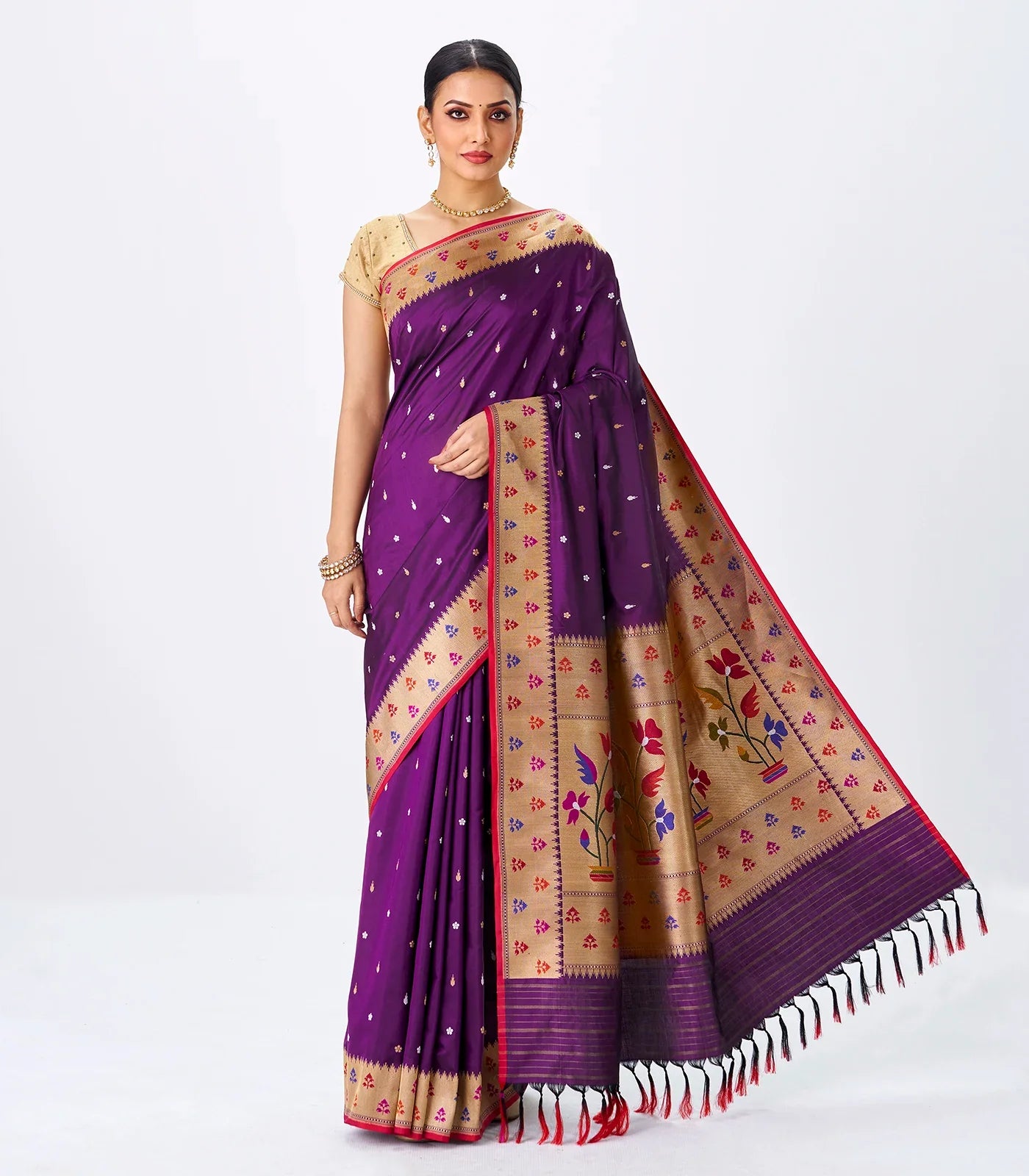 RmKV Magenta Handwoven Banarasi Silk Saree With Flower Motifs