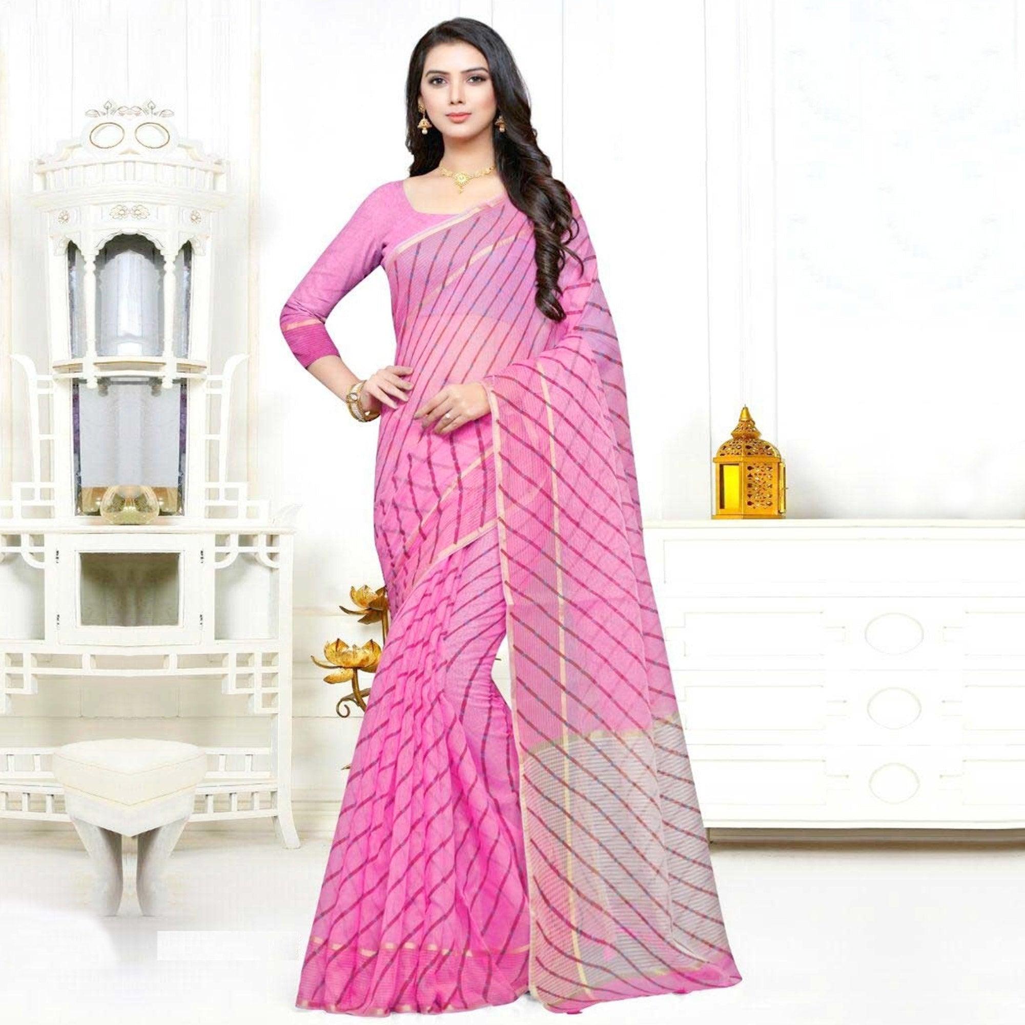 Peachmode Hypnotic Pink Colored Casual Wear Stripe Printed Kota Doria Cotton Saree With Tassels