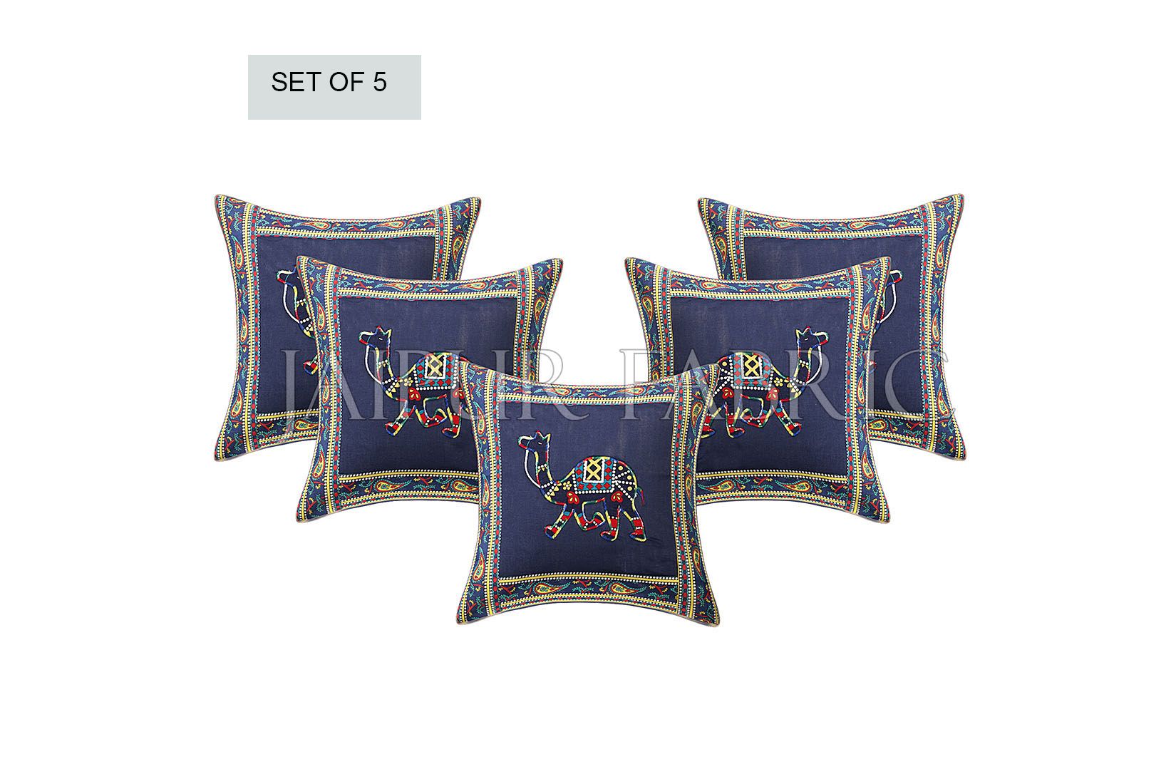 Patchwork applique cushion – JaipurFabric® Blue Camel Design Patchwork & Applique Cushion Cover