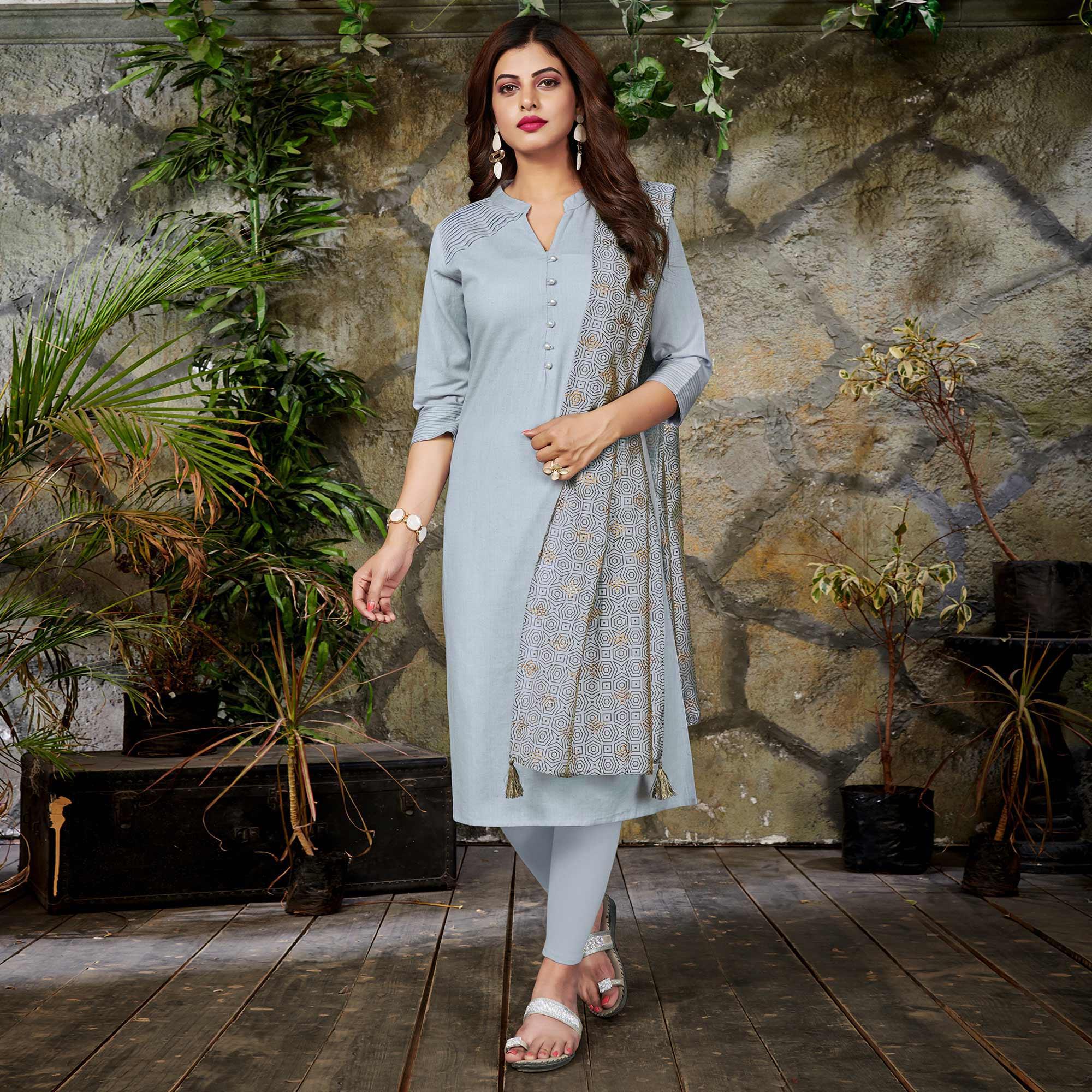 Peachmode Intricate White Colored Casual Wear Cotton Kurti With Dupatta
