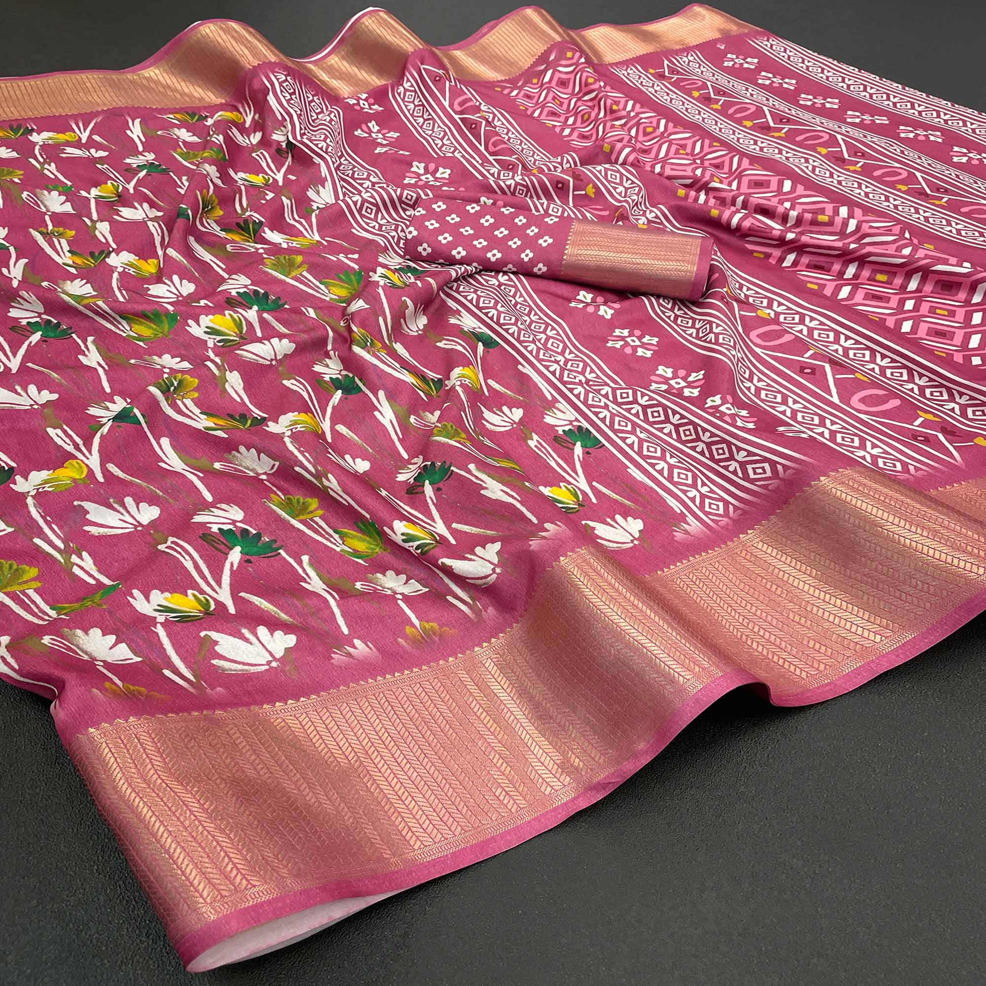 Peachmode Light Burgundy Floral Digital Printed With Woven Border Dola Silk Saree