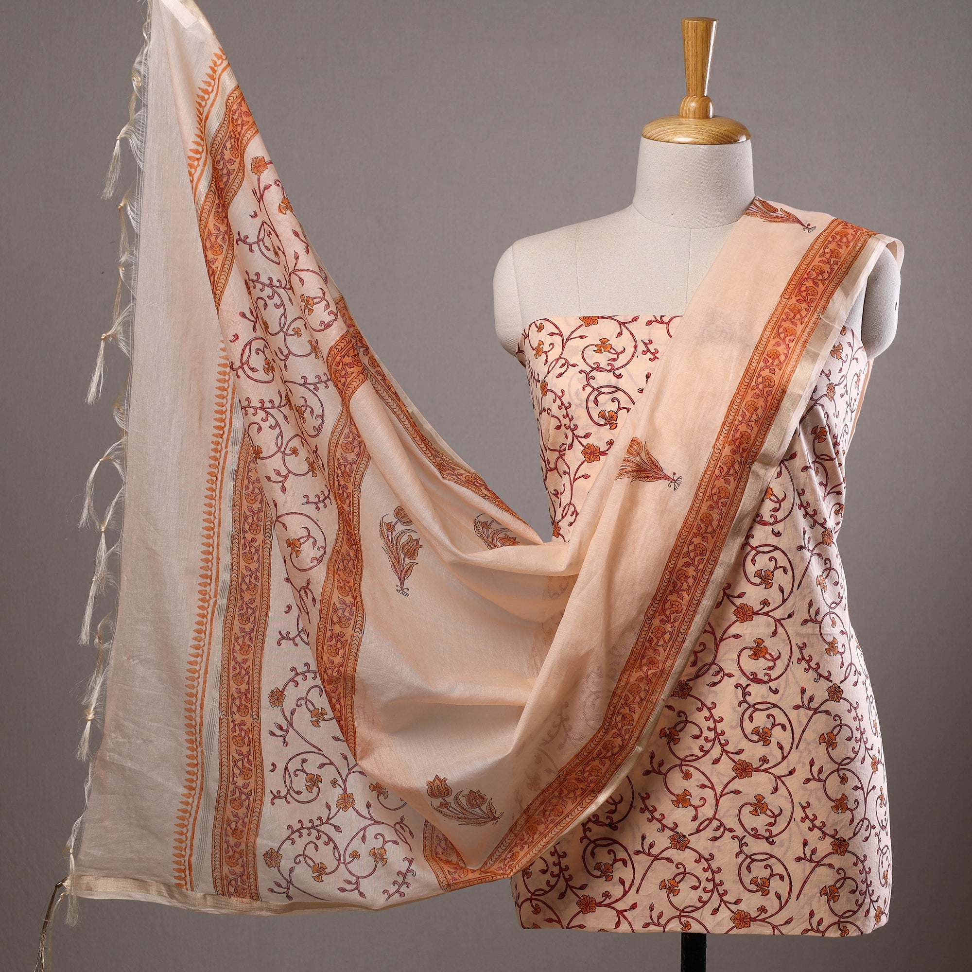 HAVELI CHRONICLES Beige - 3pc Sanganeri Block Printed Cotton Suit Material with Chanderi Silk Dupatta 19