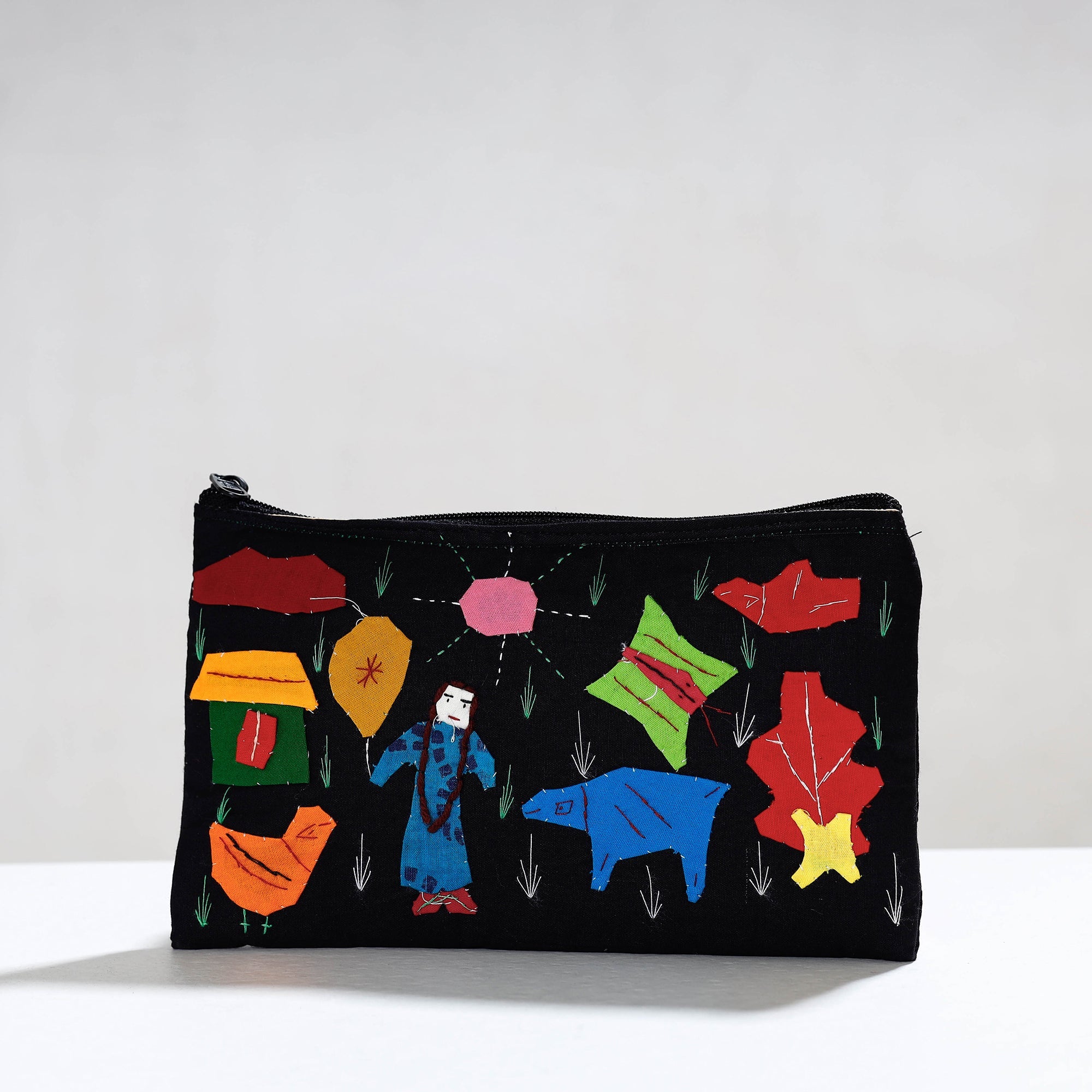 ASHOKA ASSEMBLE - CELEBRATING CRAFTS OF ODISHA Black - Pipli Applique Work Cotton Cosmetic Pouch