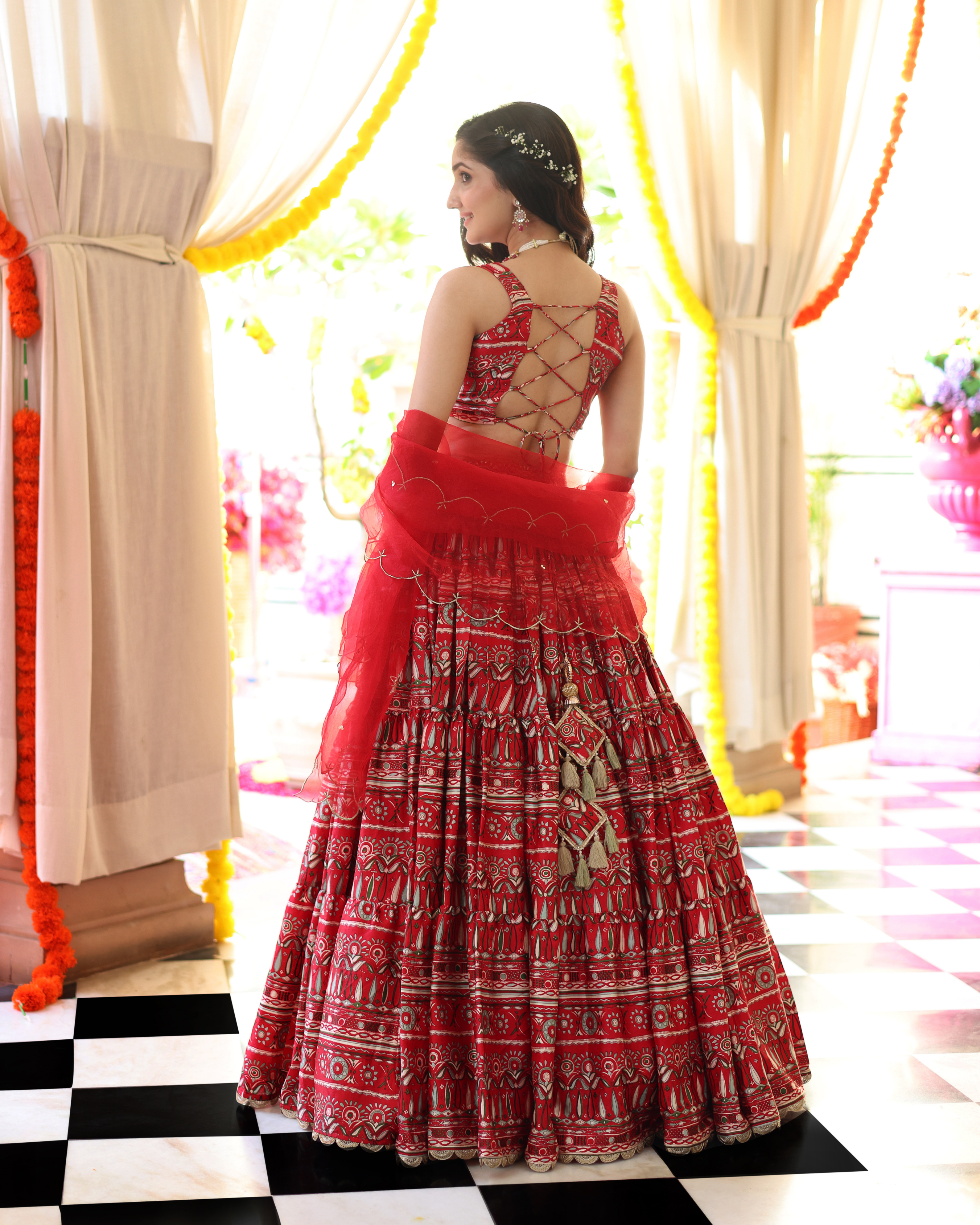 Aachho Red Hibiscus Haven Printed Satin Lehenga Set - view 2