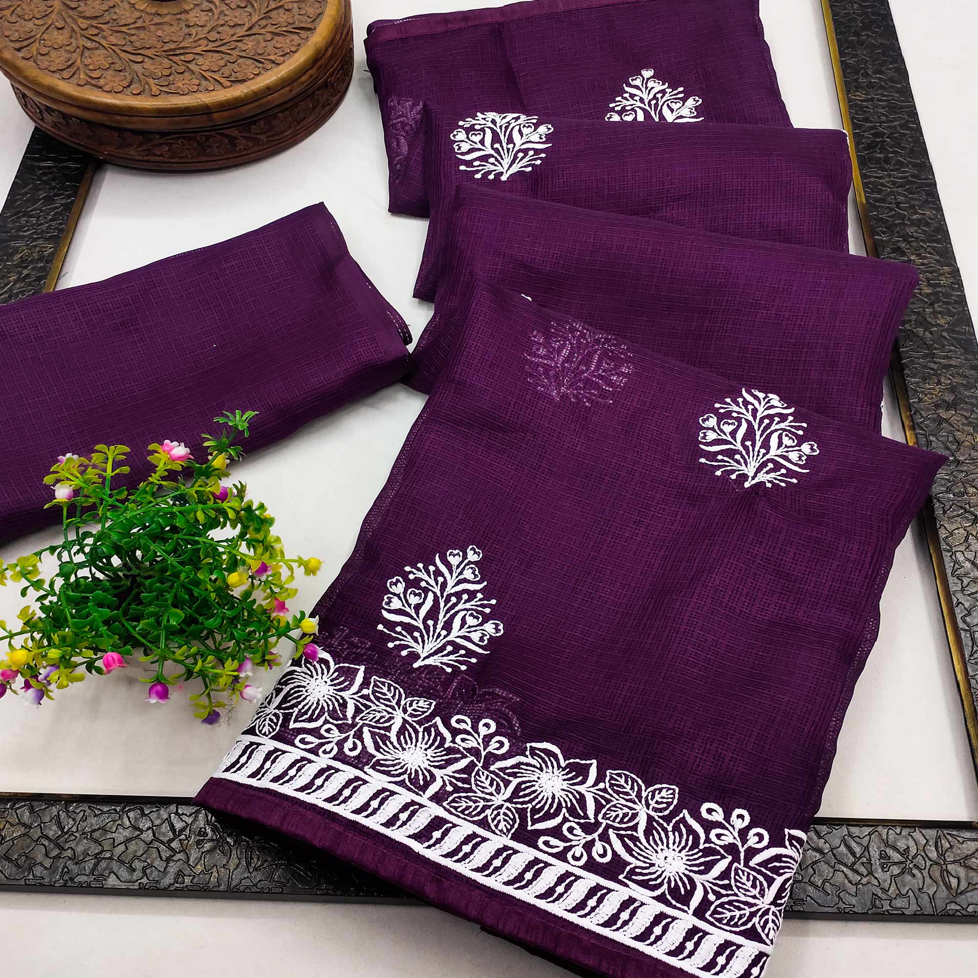 Peachmode Dark Purple Floral Embroidered Kota Doria Saree