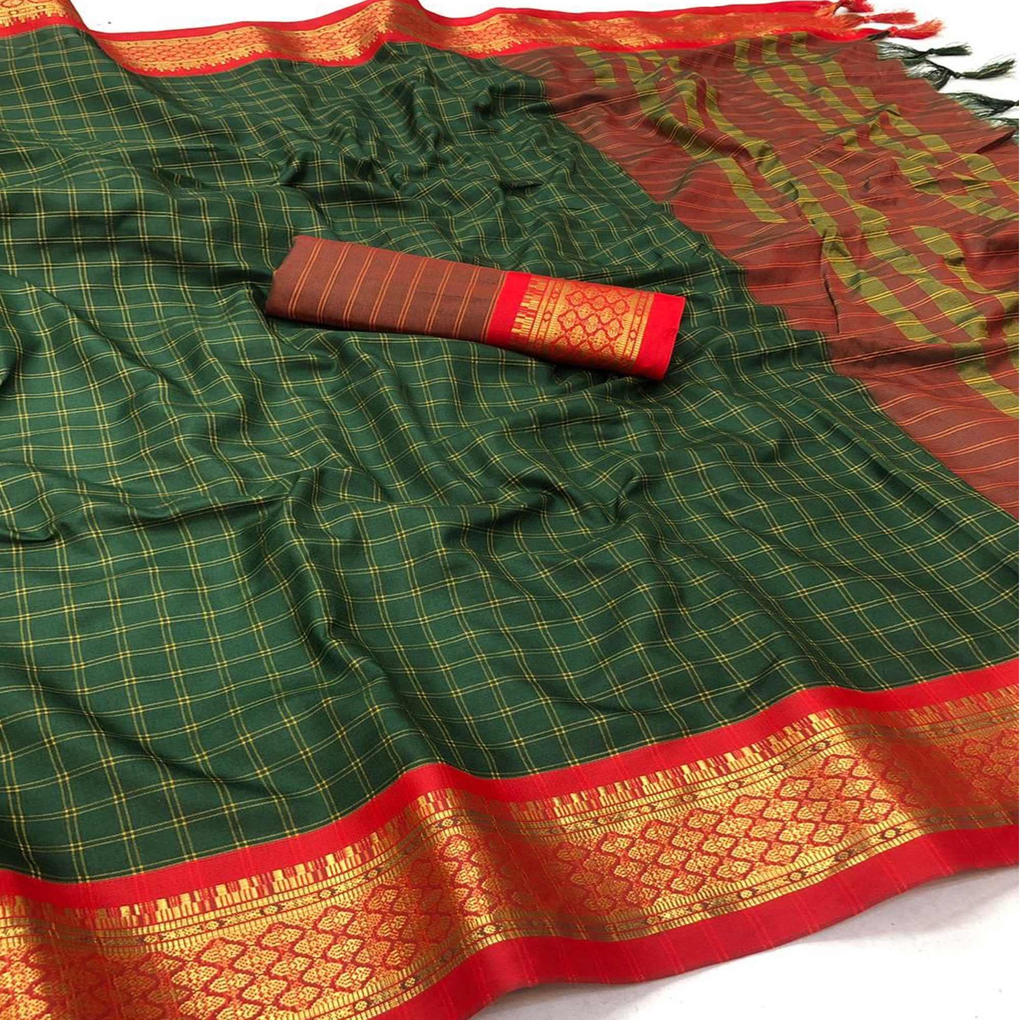 Peachmode Bottle Green Festive Wear Checks With Woven Border Cotton Silk Saree