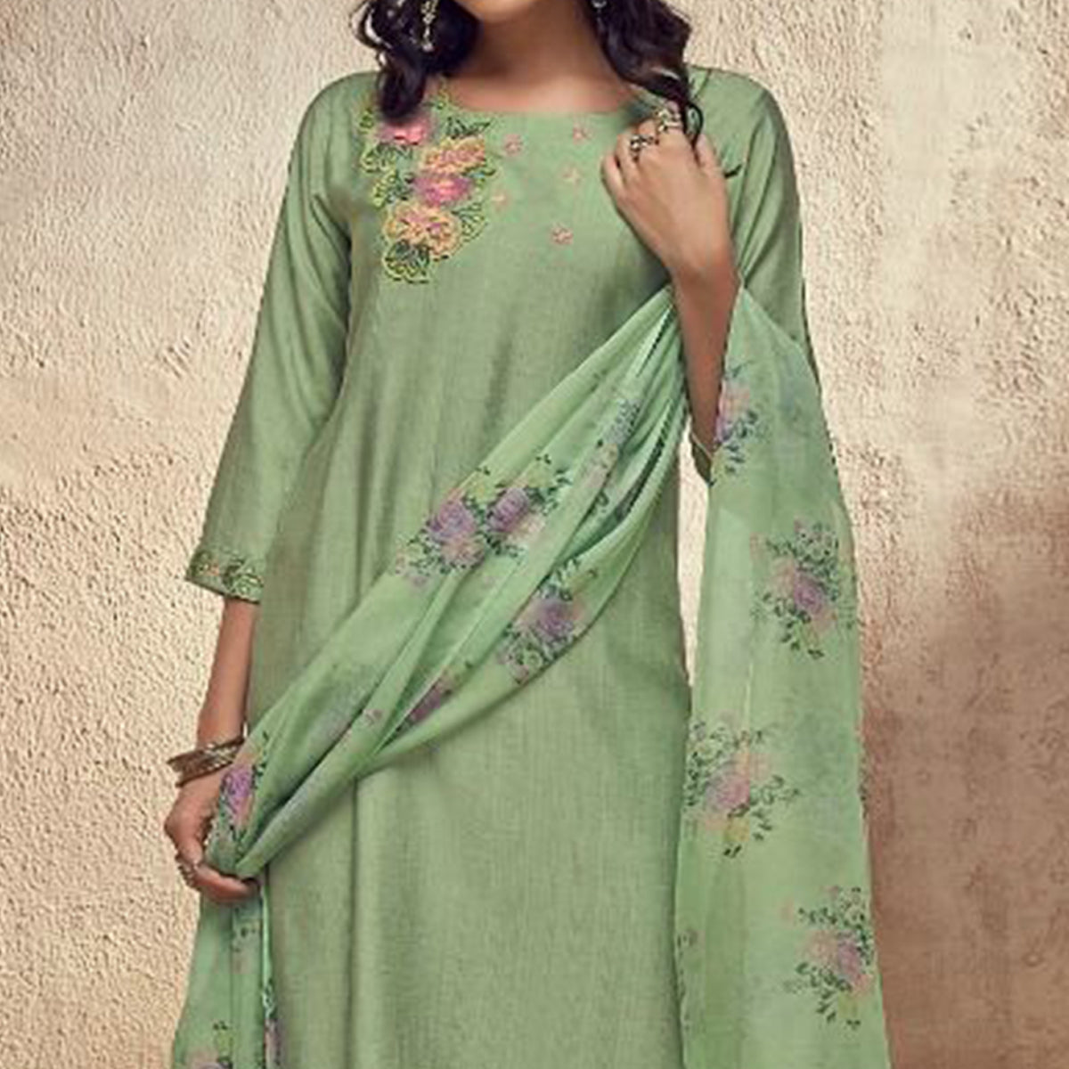 BlackTree green-floral-emmbroidered-viscose-suit - view 2