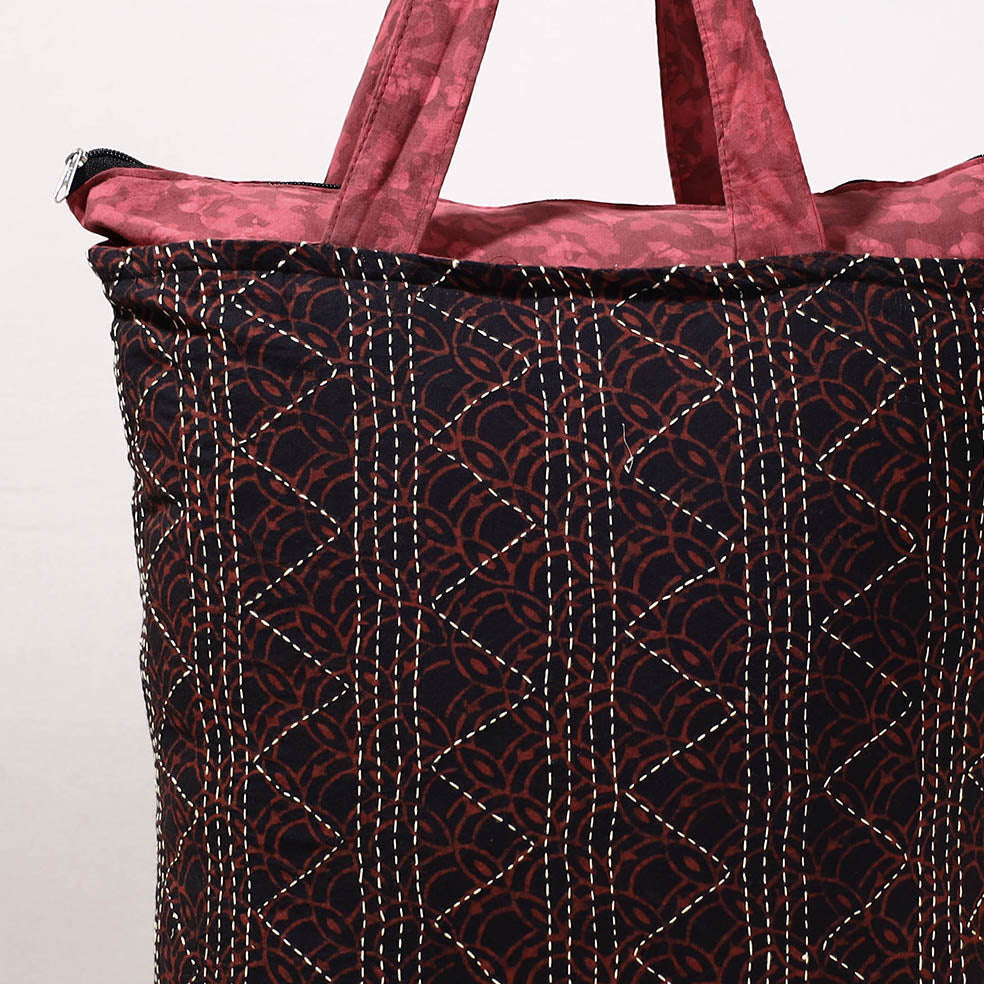 ARTISAN HAND BLOCK PRINTS Black - Kantha Work Block Print Cotton Shopping Bag - view 2