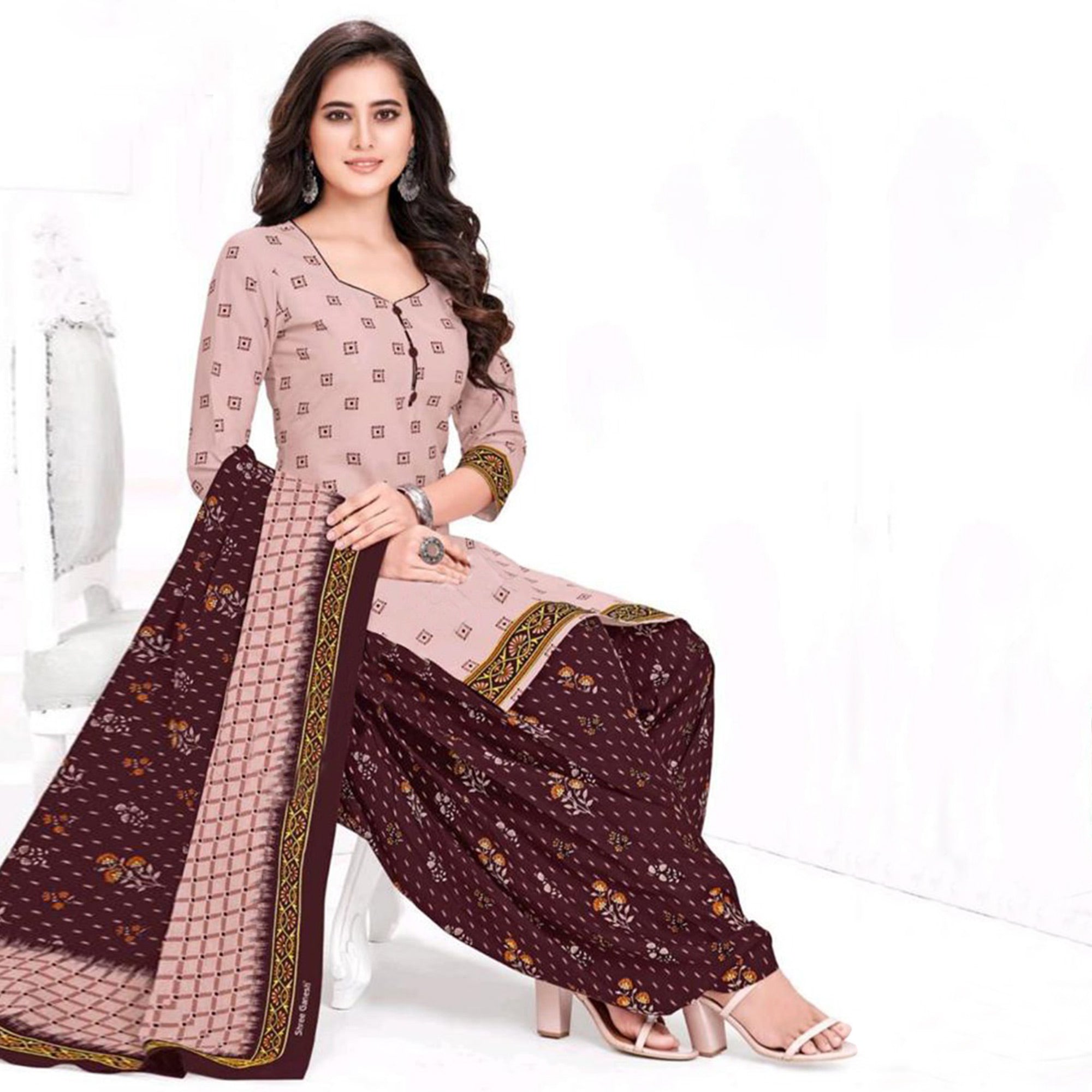 Peachmode Light Pink Printed Crepe Patiala Dress Material
