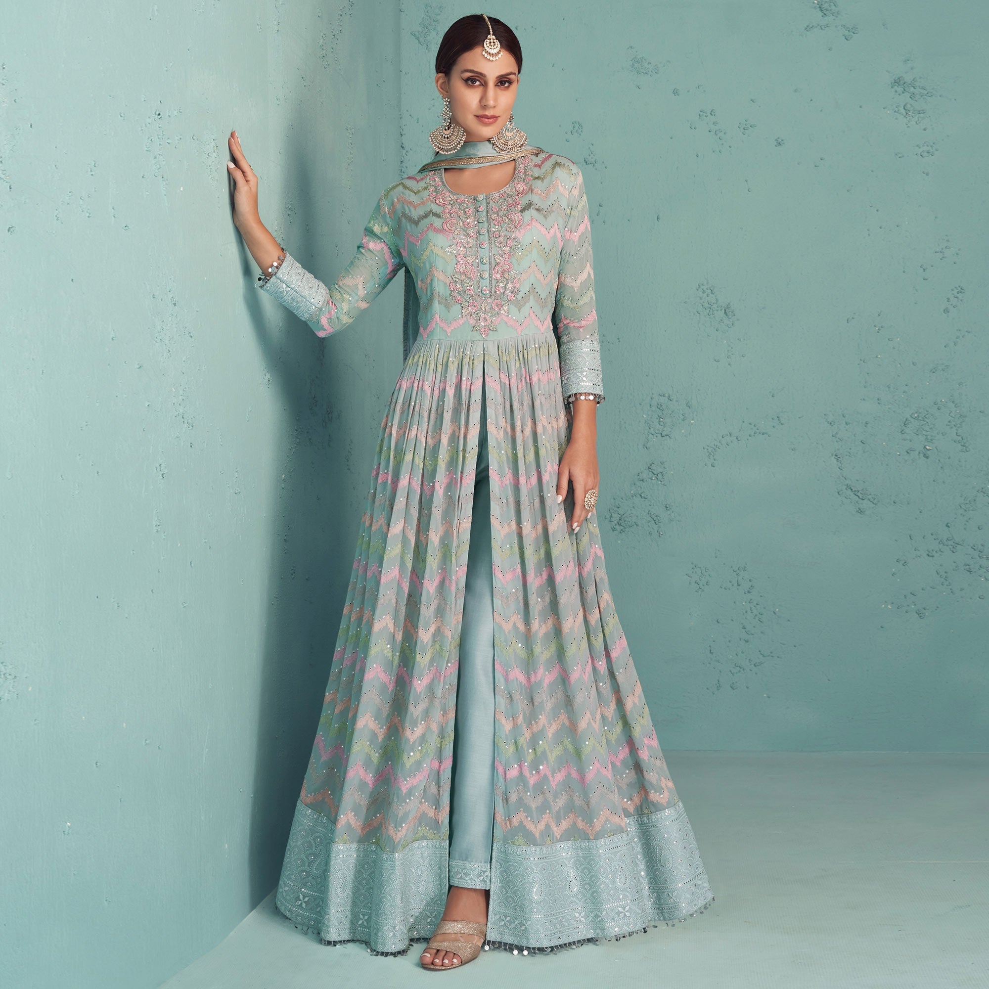 Peachmode Seller Blue Sequins Floral Embroidered Georgette Suit