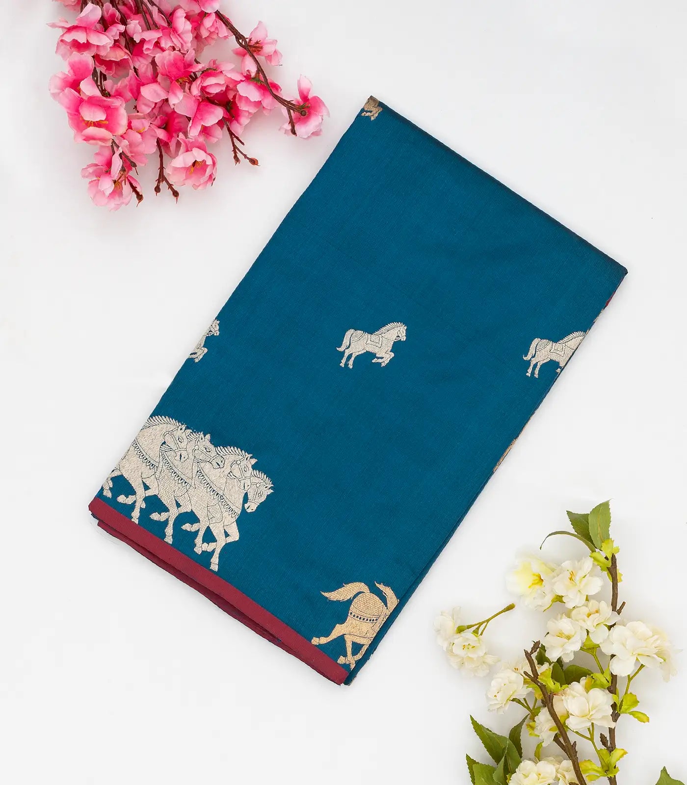RmKV Cyan Handloom Banarasi Silk Saree With Horse Buttas