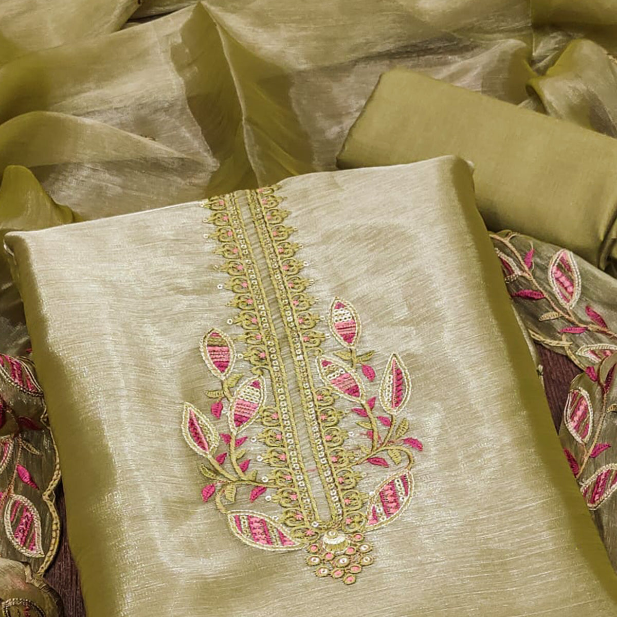 BlackTree green-floral-sequins-embroidered-burberry-zoya-silk-dress-material - view 2