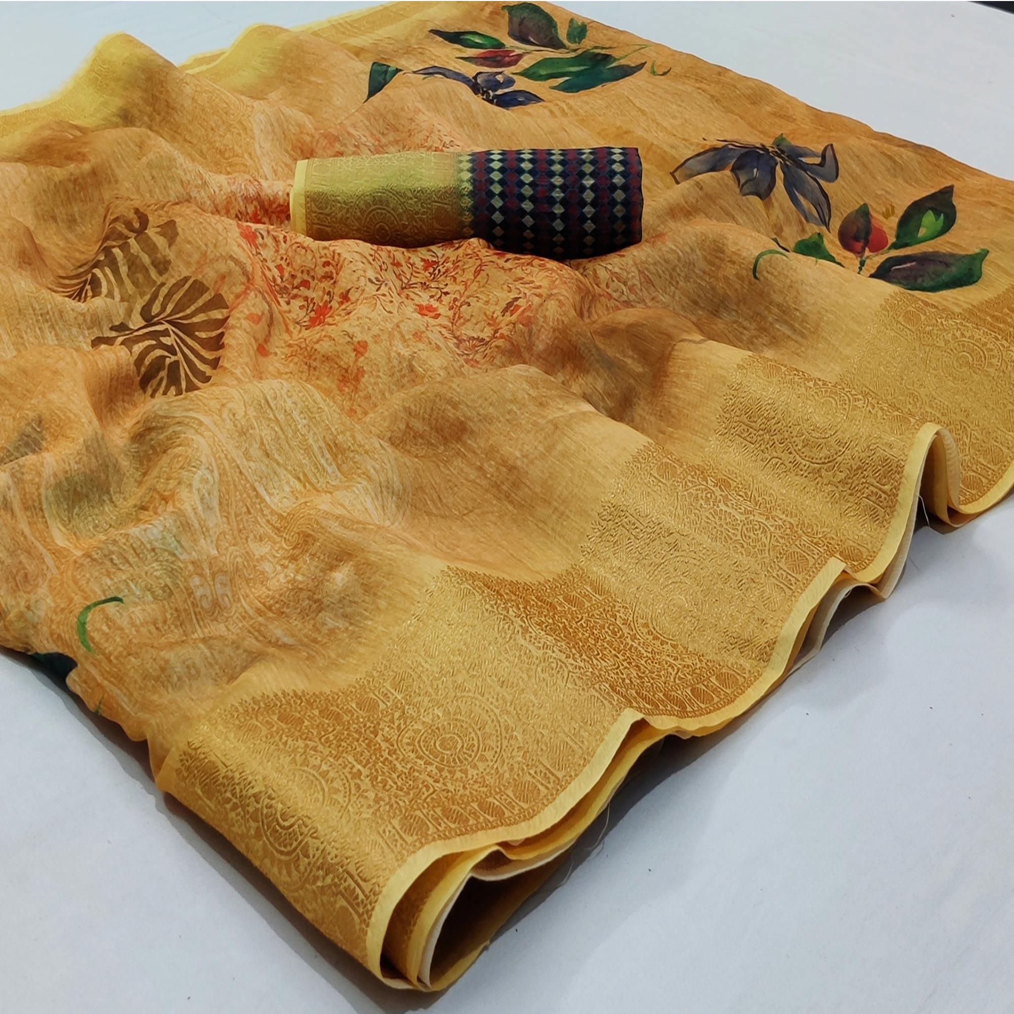 Peachmode Light Mustard Casual Wear Floral Digital Print With Woven Border Linen Saree