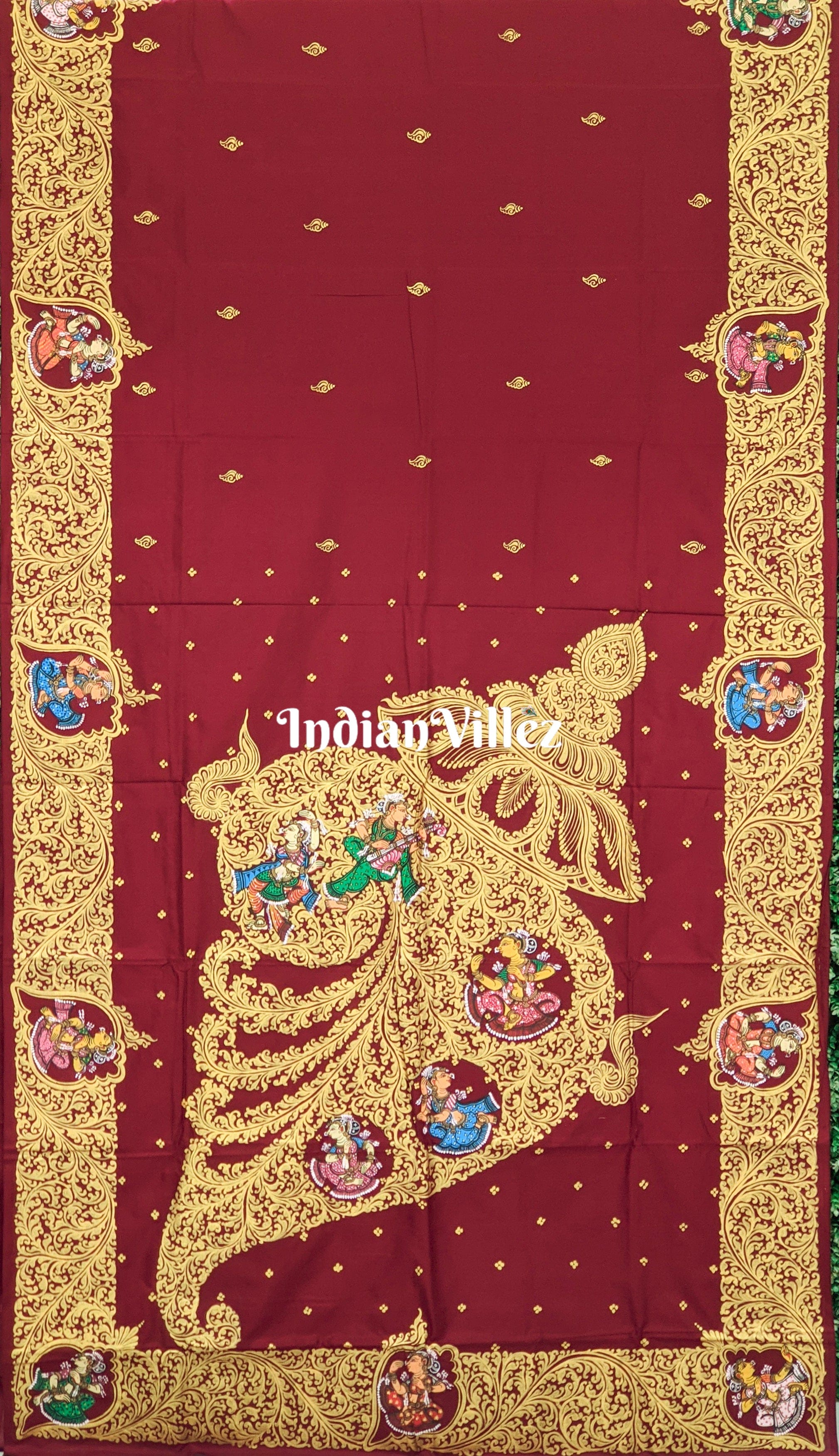 Shell pattachitra saree – IndianVillèz Maroon Sankha (Shell) Pattachitra Saree