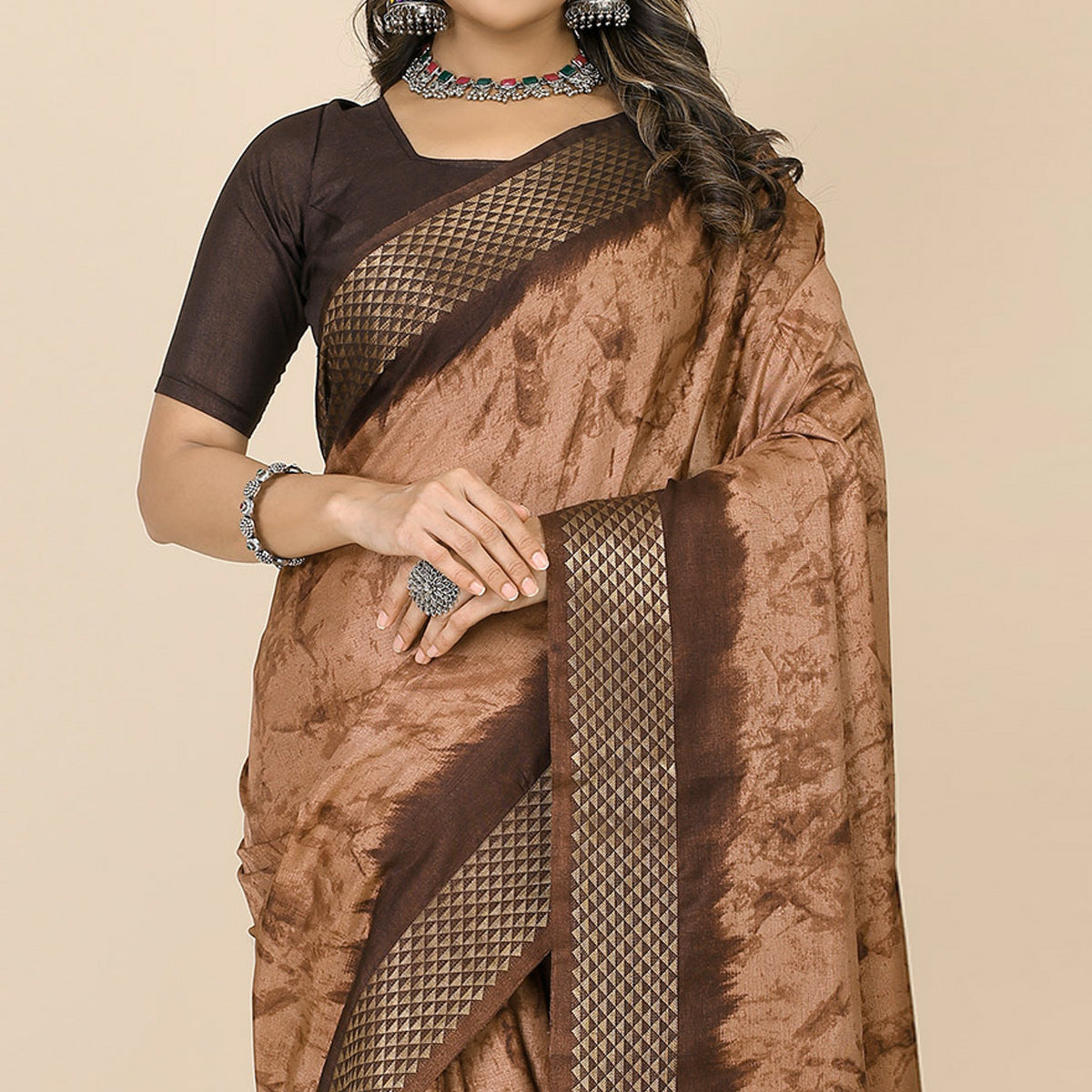 Peachmode Coffee Brown Printed Cotton Silk Saree With Zari Border - view 3