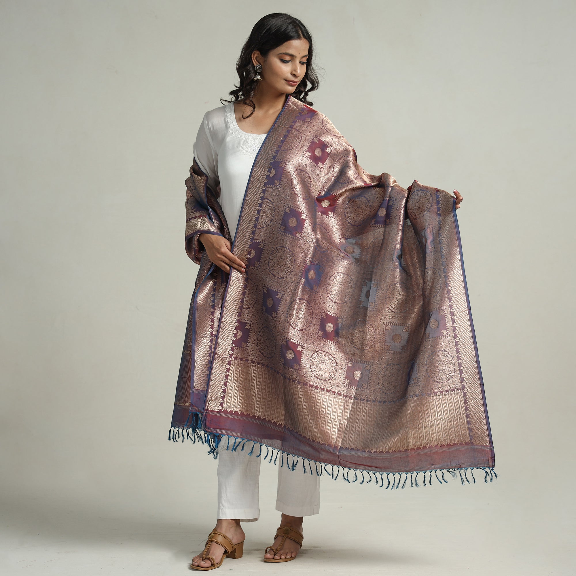 BANARASI BY MAQBUL HASAN Brown - Banarasi Handloom Katan Silk Zari Buti Dupatta with Tassels 58