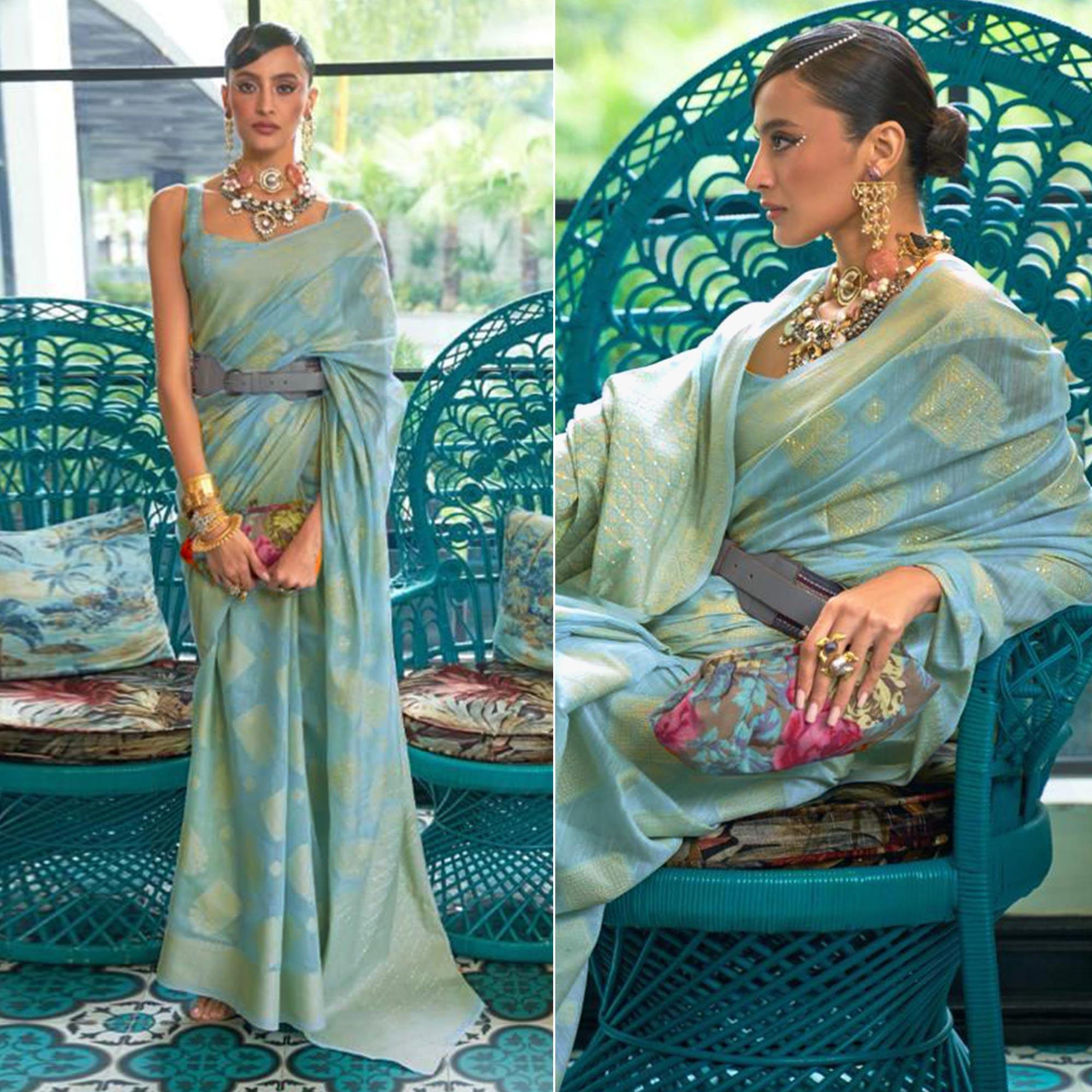Peachmode Blue Woven-Sequins Handloom Silk Saree
